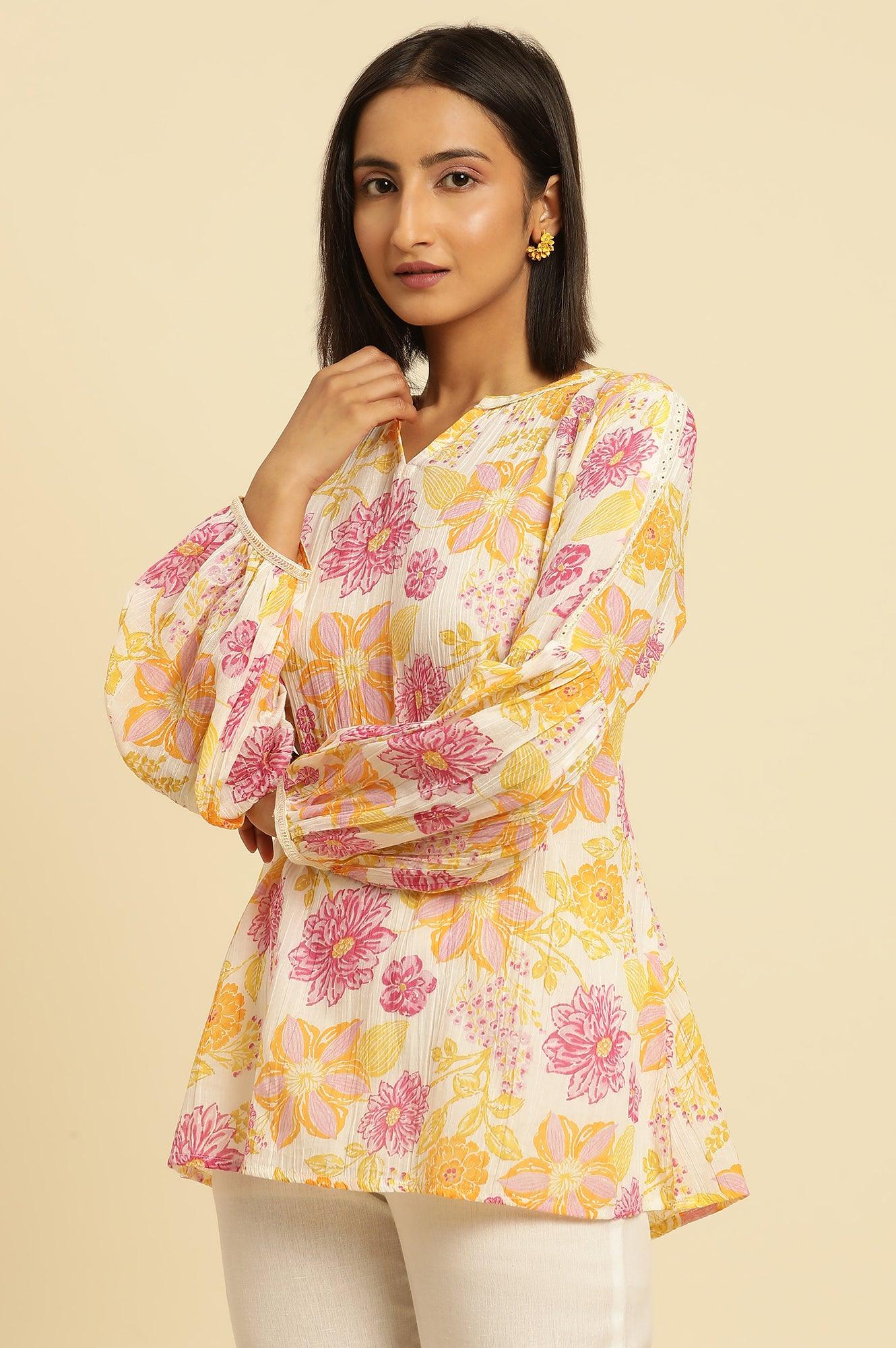 White Printed Top With Tie-Up Detail - wforwoman