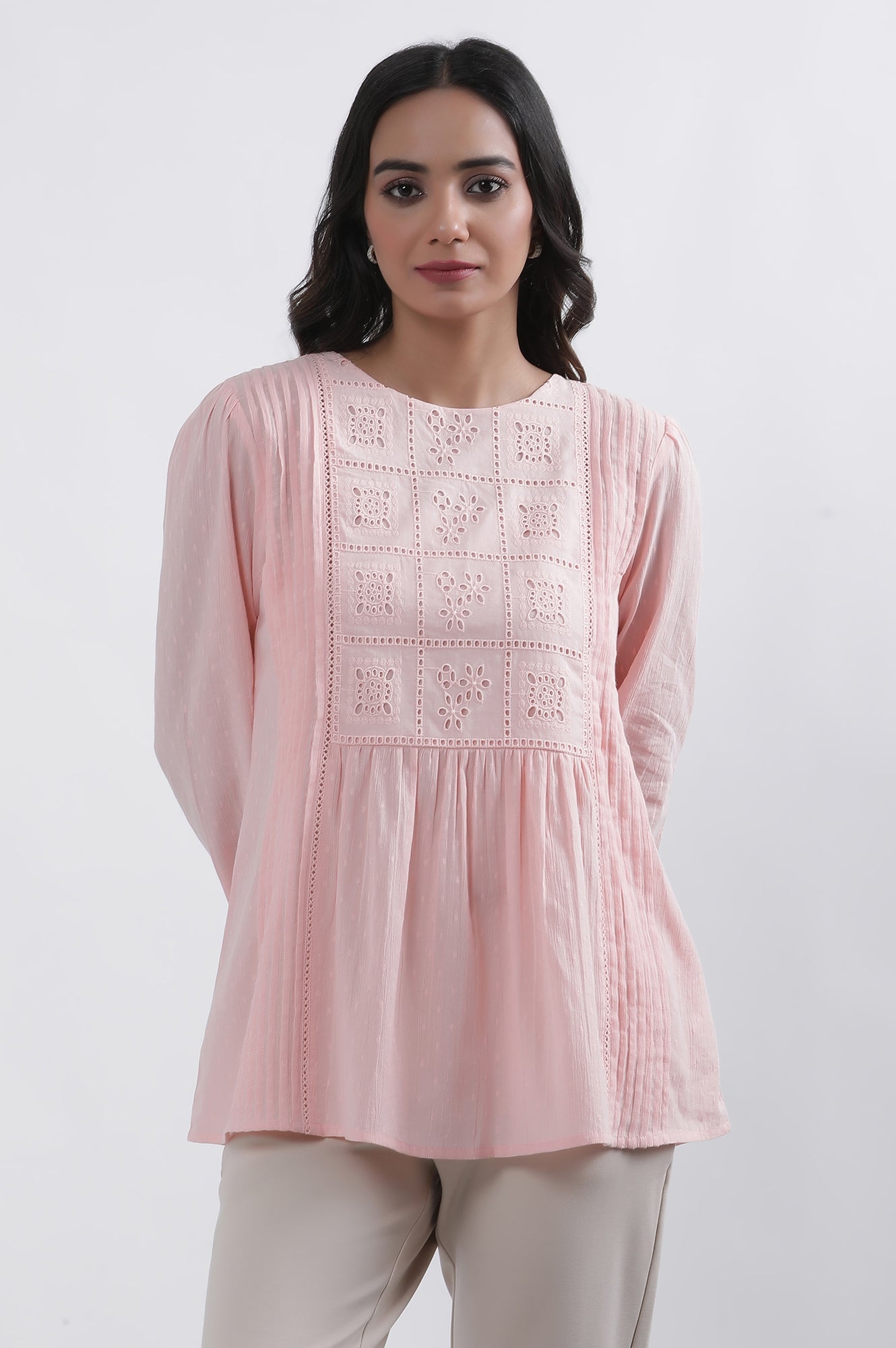 Buy Pink Cotton A-Line Schiffli Top Online for Woman | WforWoman