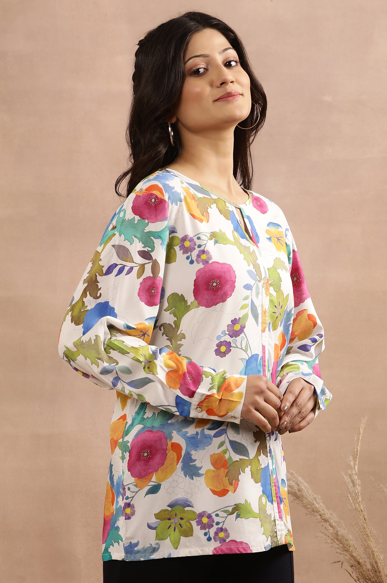 White Floral Printed Western Top