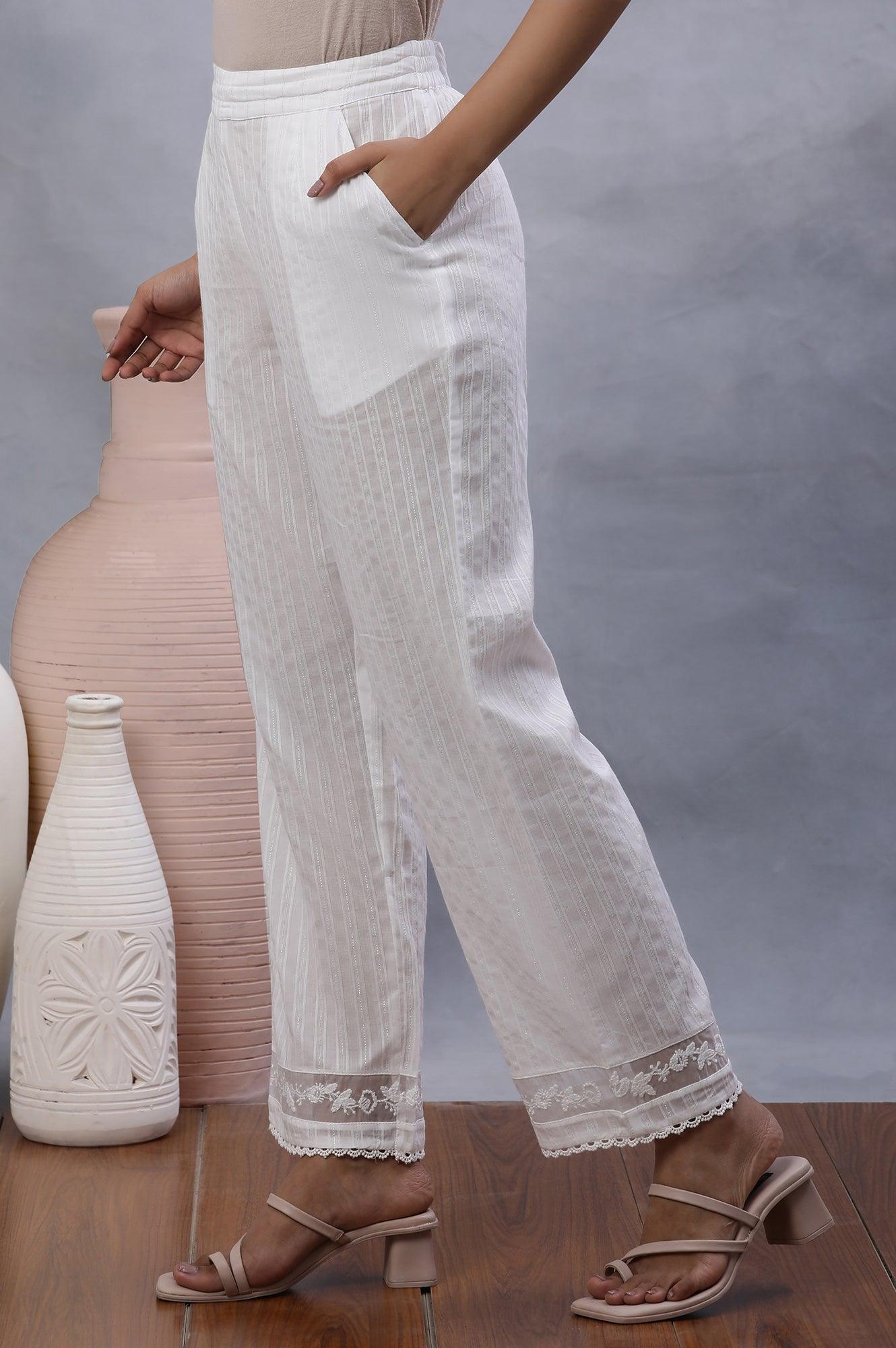 Ecru Lurex Stripes Pants With Embroidered Hemline - wforwoman