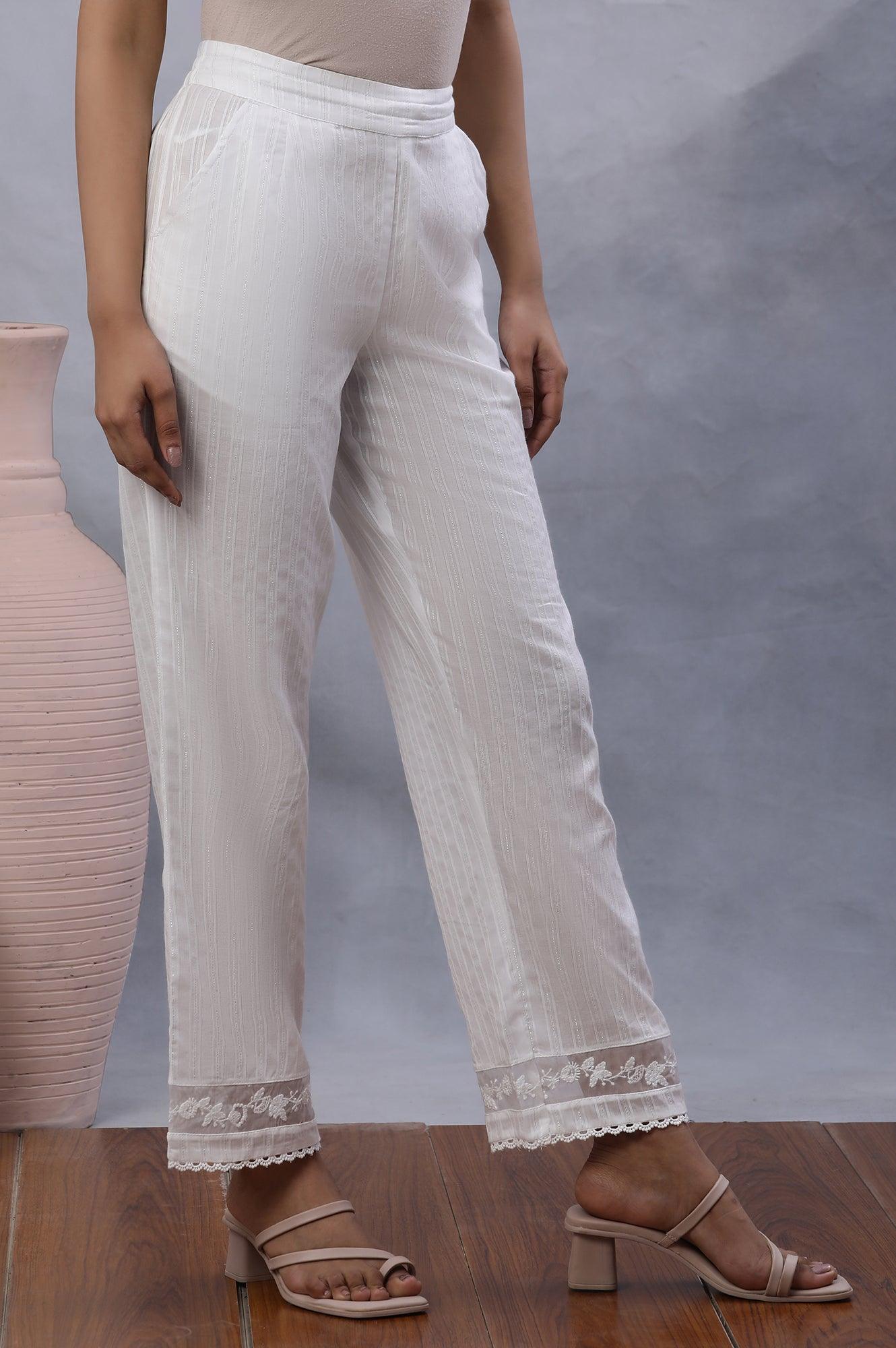 Ecru Lurex Stripes Pants With Embroidered Hemline - wforwoman