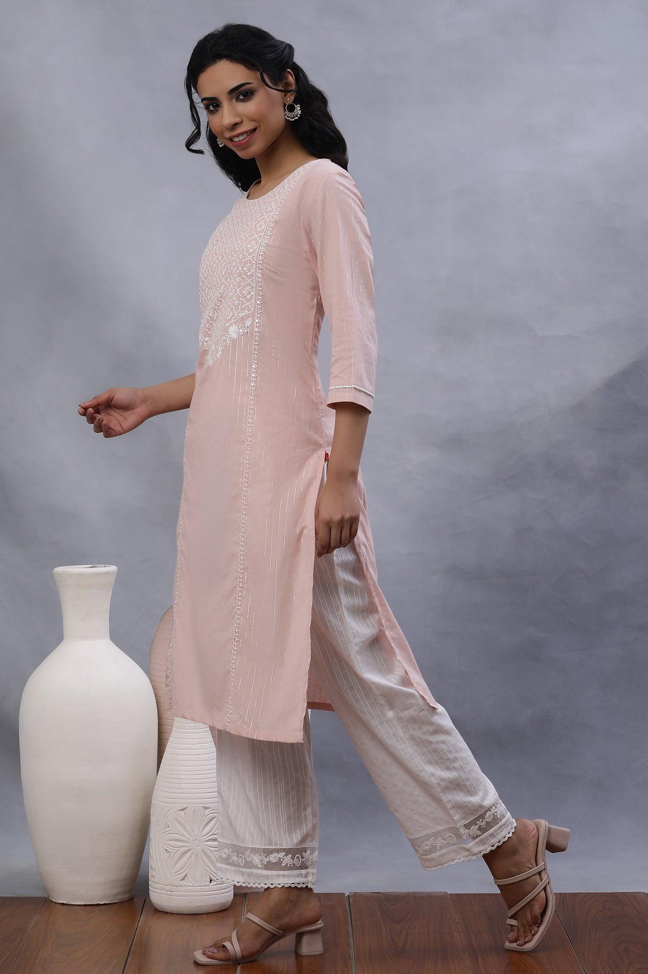 Ecru Lurex Stripes Pants With Embroidered Hemline - wforwoman