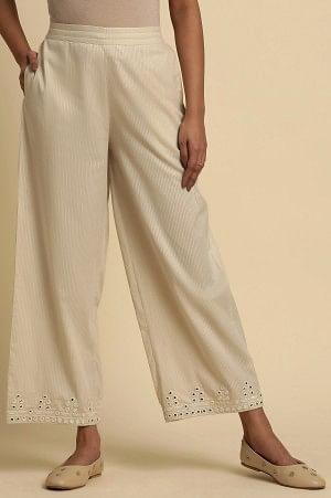Ecru Striper Pants With Thread & Mirror Work - wforwoman