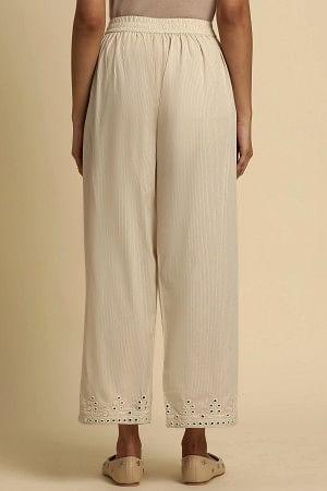 Ecru Striper Pants With Thread & Mirror Work - wforwoman