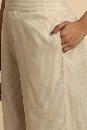 Ecru Striper Pants With Thread & Mirror Work - wforwoman