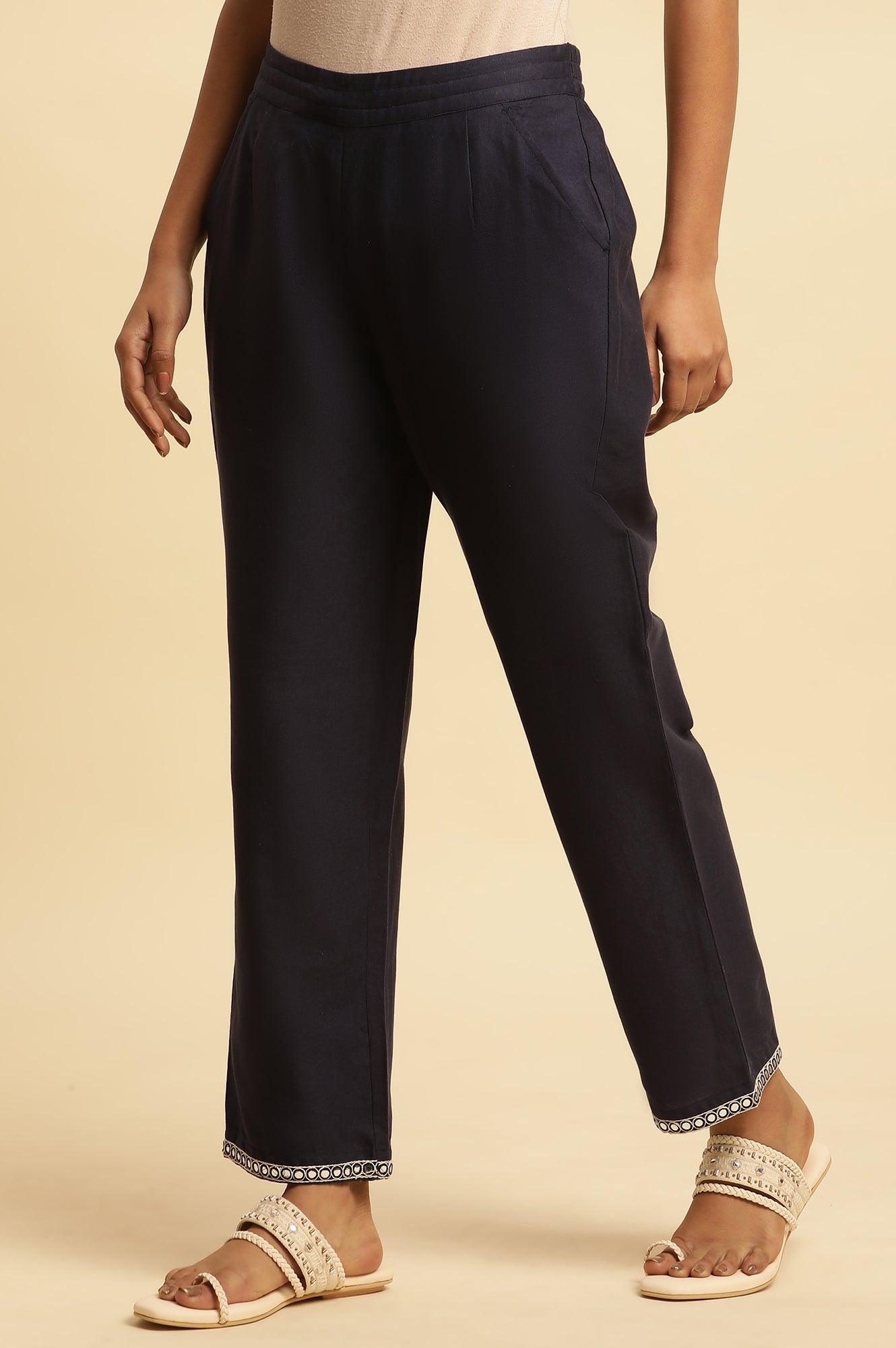 Blue Cotton Flax Straight Pants With Embroidery - wforwoman
