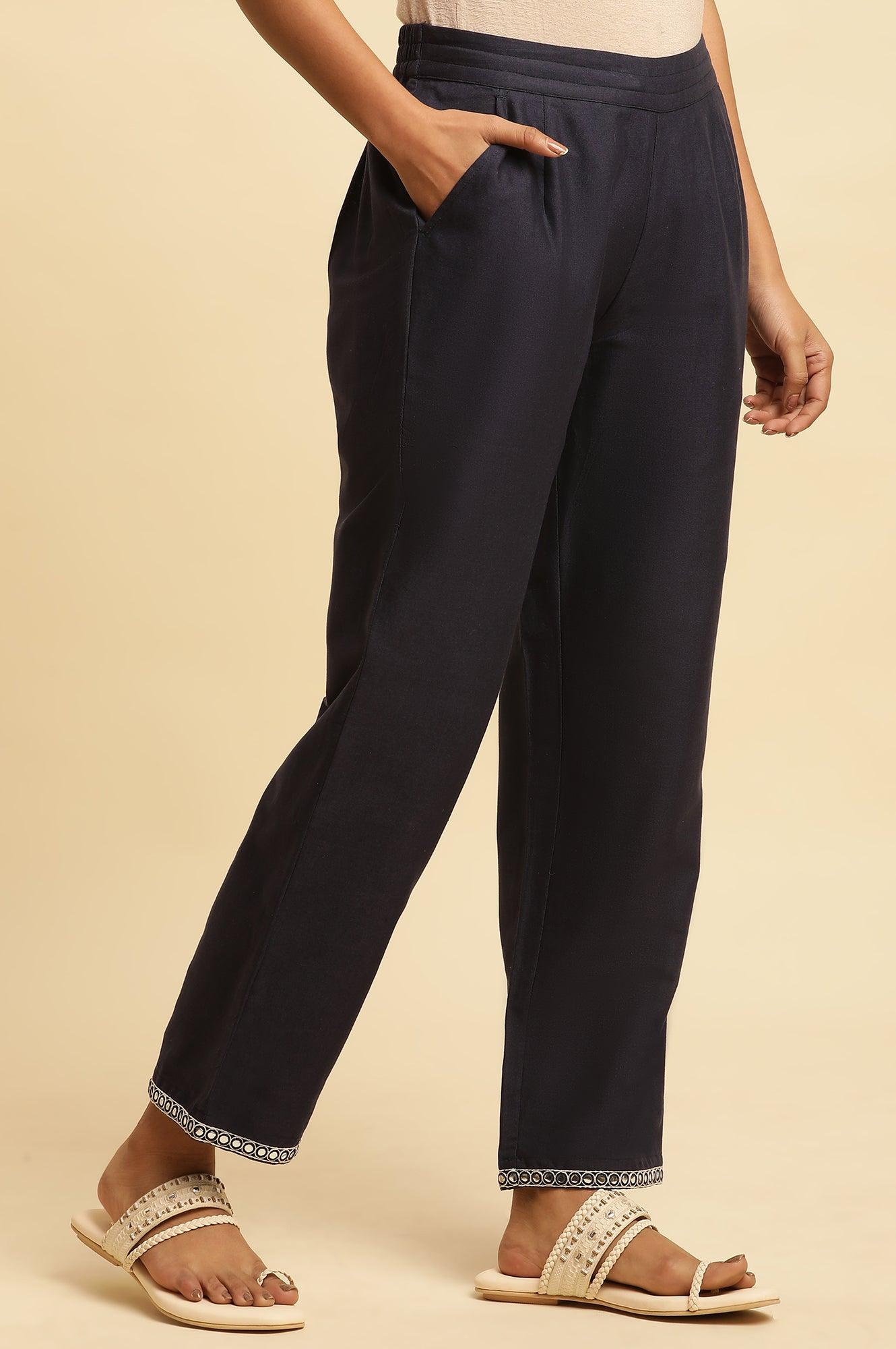 Blue Cotton Flax Straight Pants With Embroidery - wforwoman