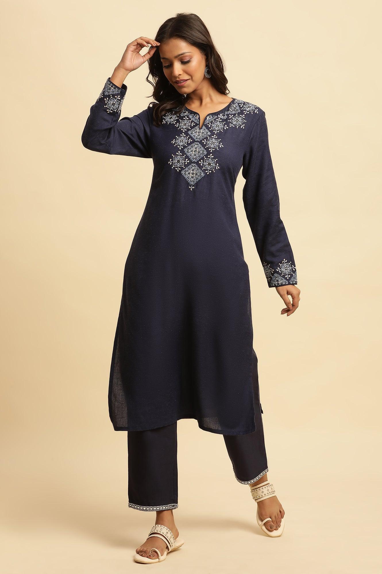 Blue Cotton Flax Straight Pants With Embroidery - wforwoman