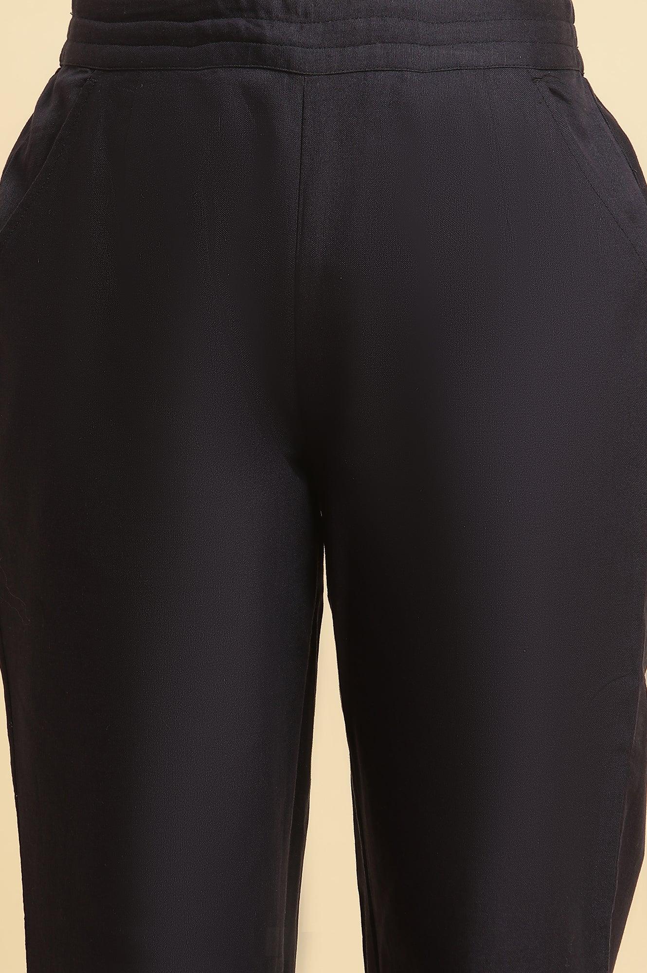 Blue Cotton Flax Straight Pants With Embroidery - wforwoman