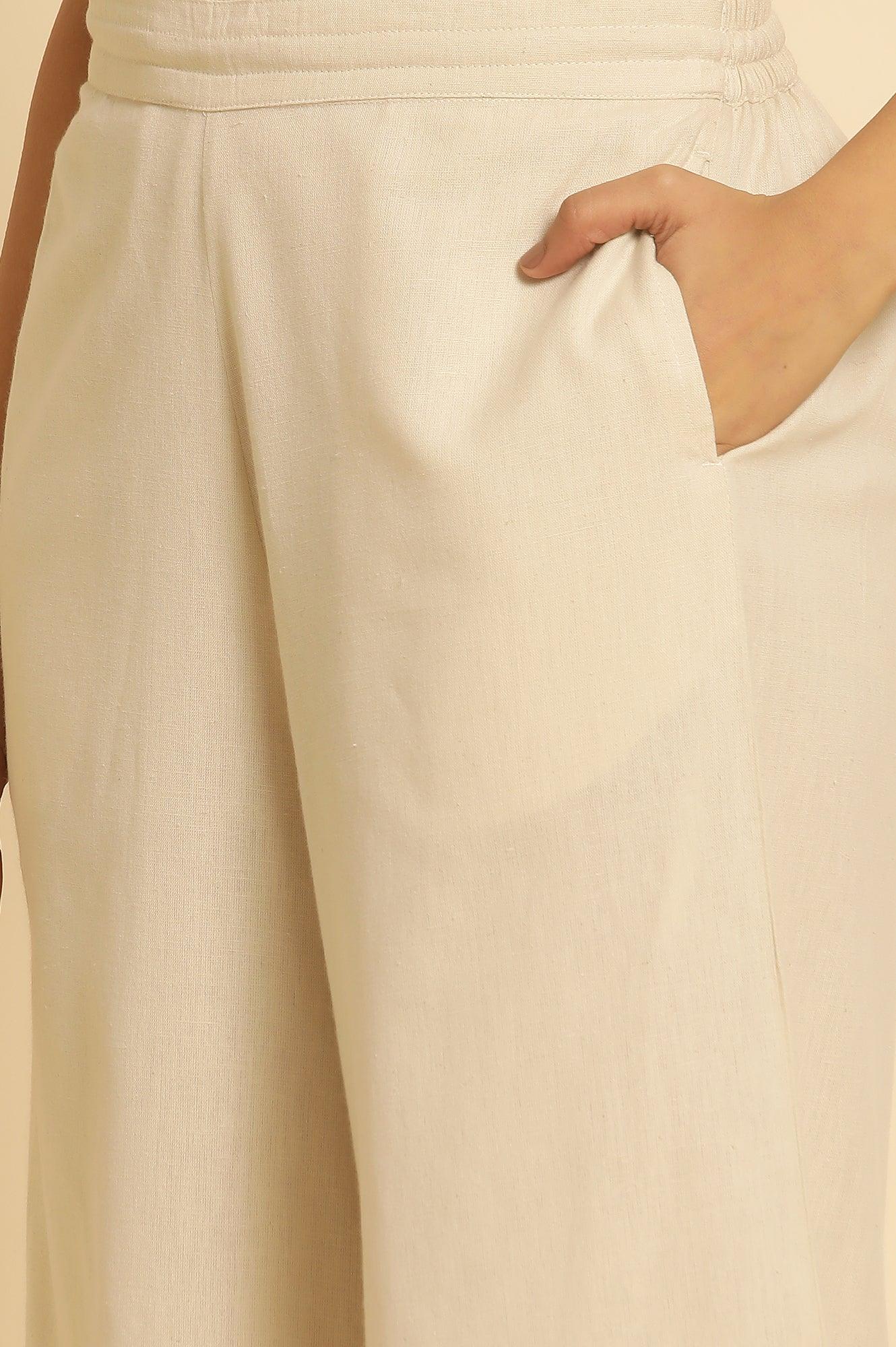 Beige Cotton Flax Flared Pants - wforwoman