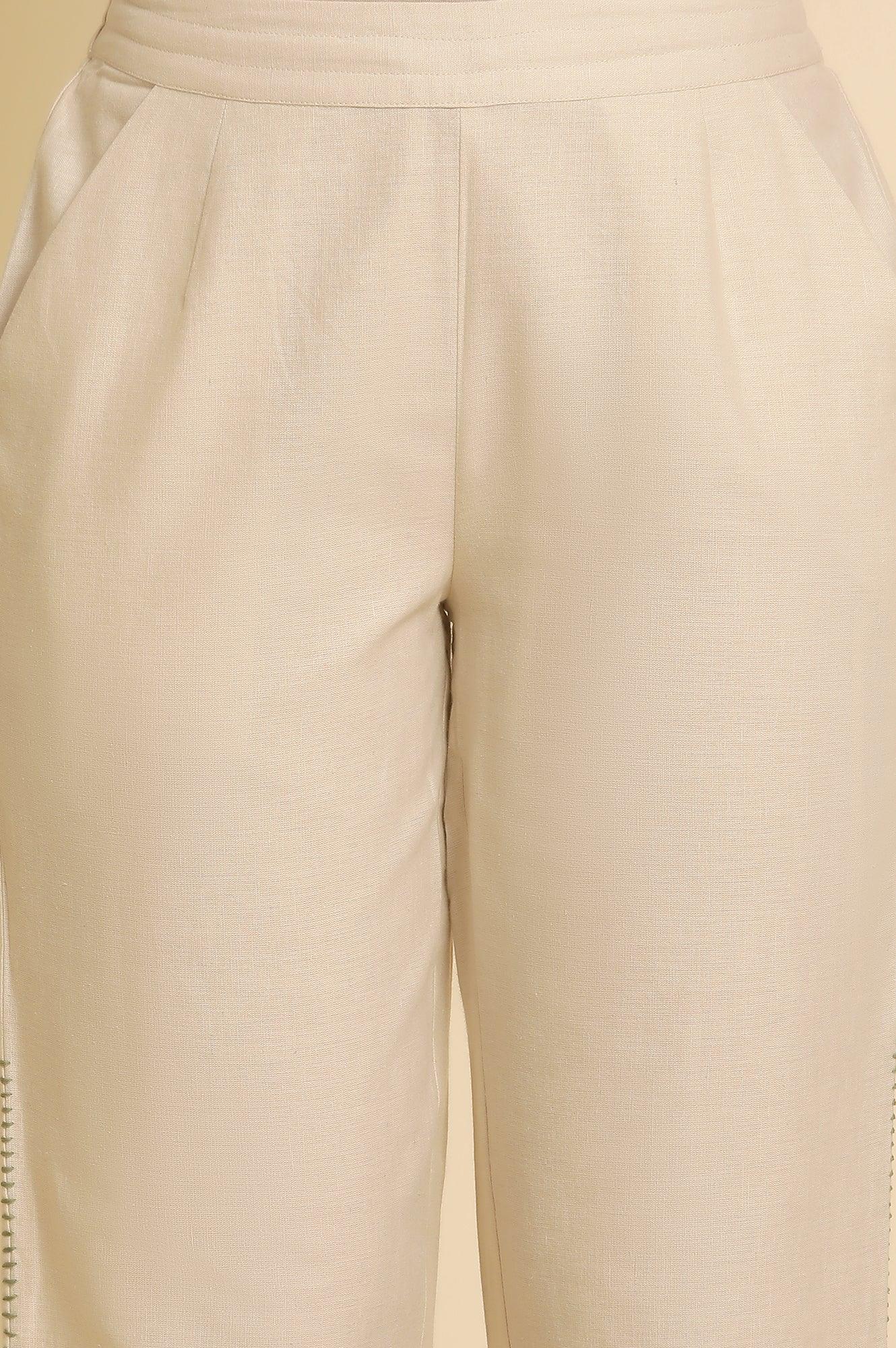 Off-White Cotton Flax Straight Pants - wforwoman