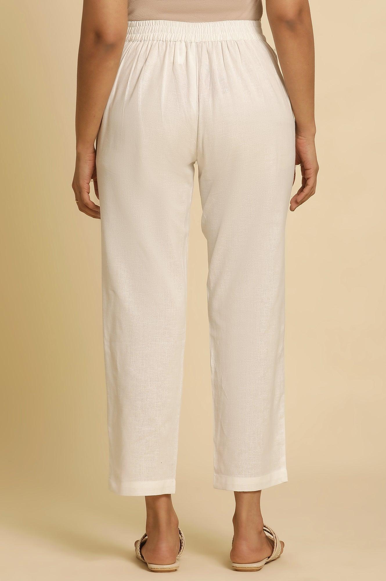White Cotton Flax Straight Pants - wforwoman