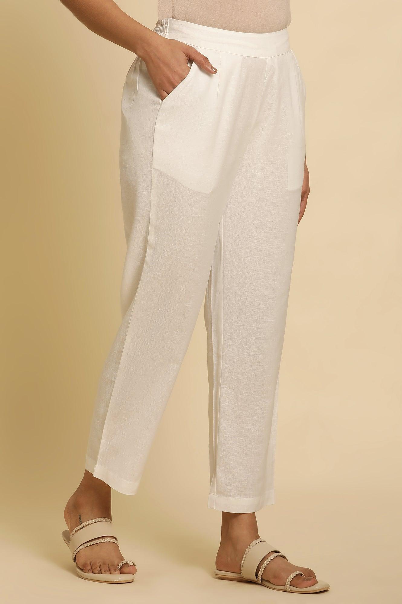 White Cotton Flax Straight Pants - wforwoman