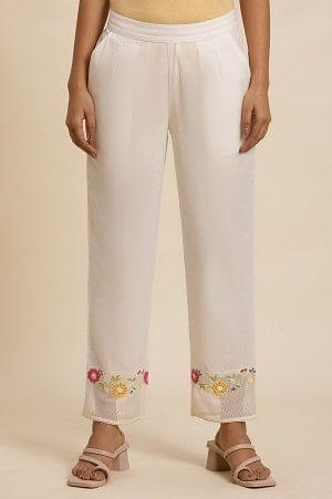 White Cotton Pants With Embroidered Mesh Hemline - wforwoman