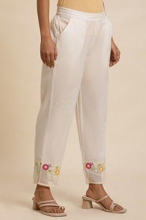 White Cotton Pants With Embroidered Mesh Hemline - wforwoman