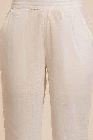 White Cotton Pants With Embroidered Mesh Hemline - wforwoman
