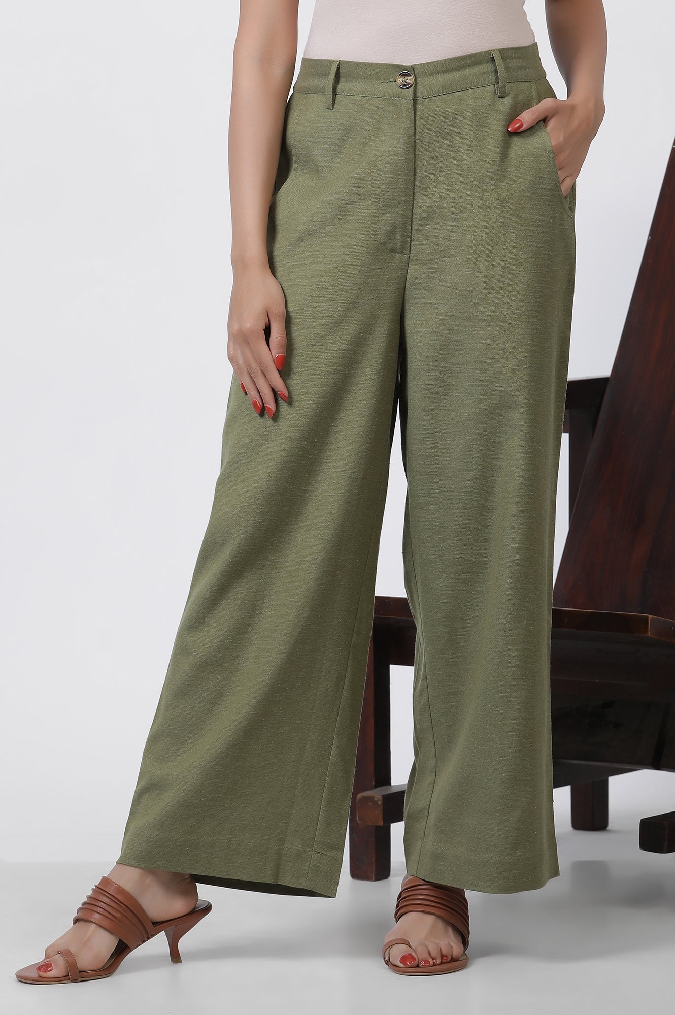 Buy Olive Green Office Look Straight Trouser Online for Woman
