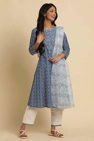 White Kota Dupatta With Blue Floral Print - wforwoman