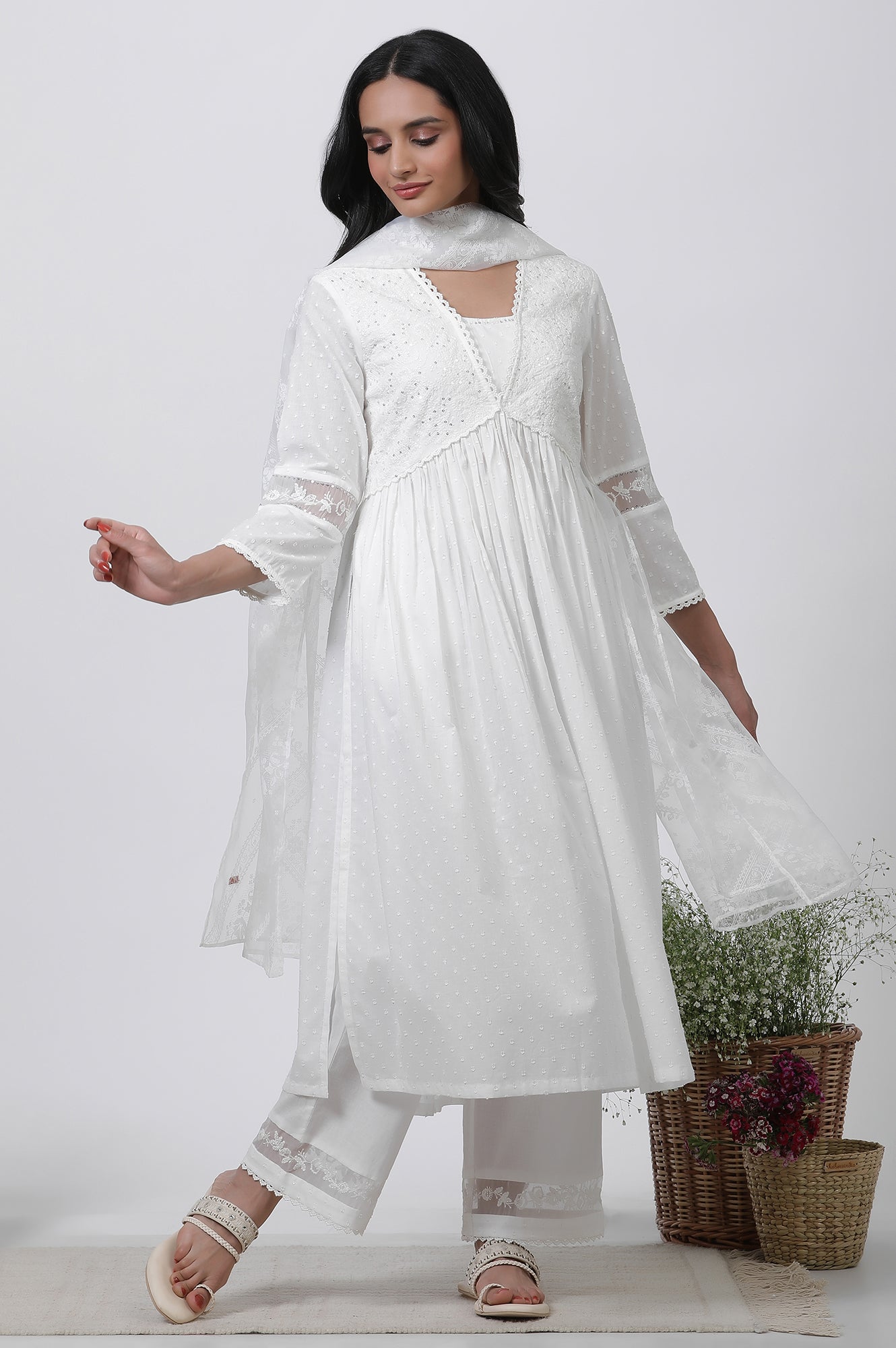 Buy White Embellished Kurta, Pants and Dupatta Set Online for Woman