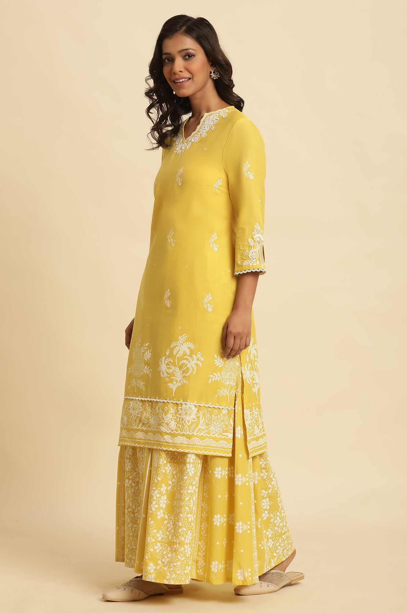 Yellow Chikankari Embroidered Kurta, Sharara And Dupatta Set