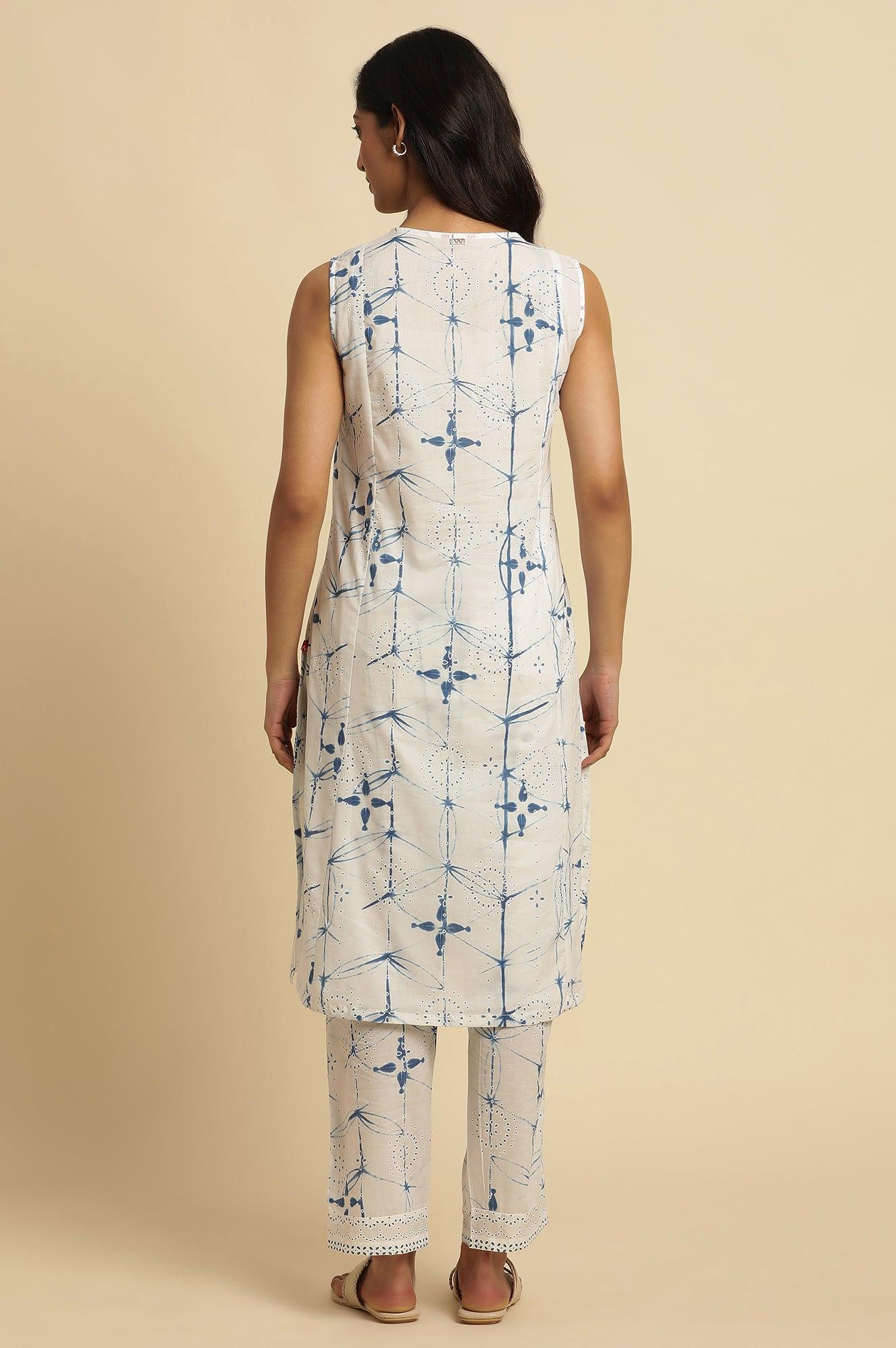 White Sleeveless Tie-Dye Kurta And Pants Set - wforwoman