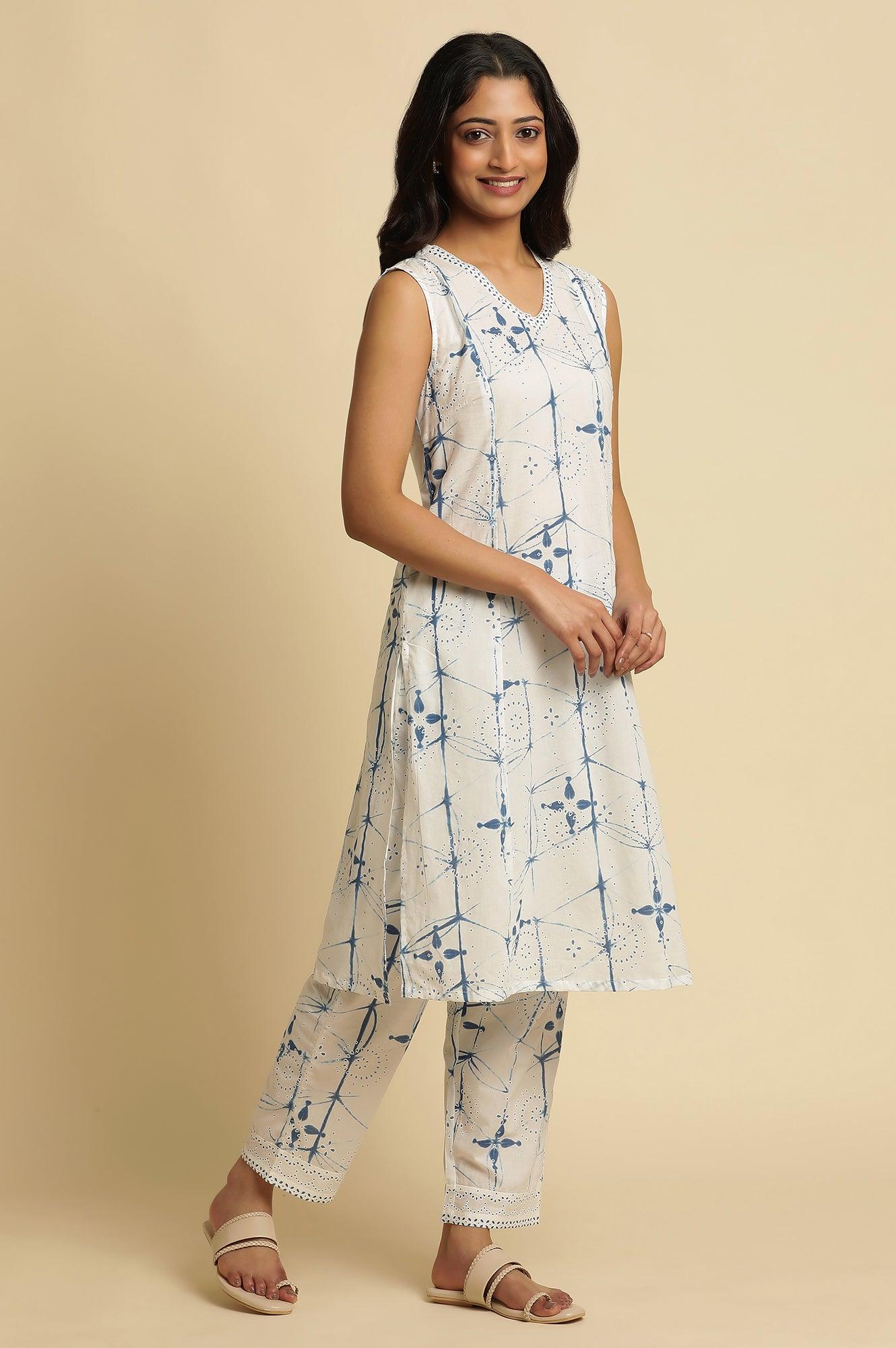 White Sleeveless Tie-Dye Kurta And Pants Set - wforwoman