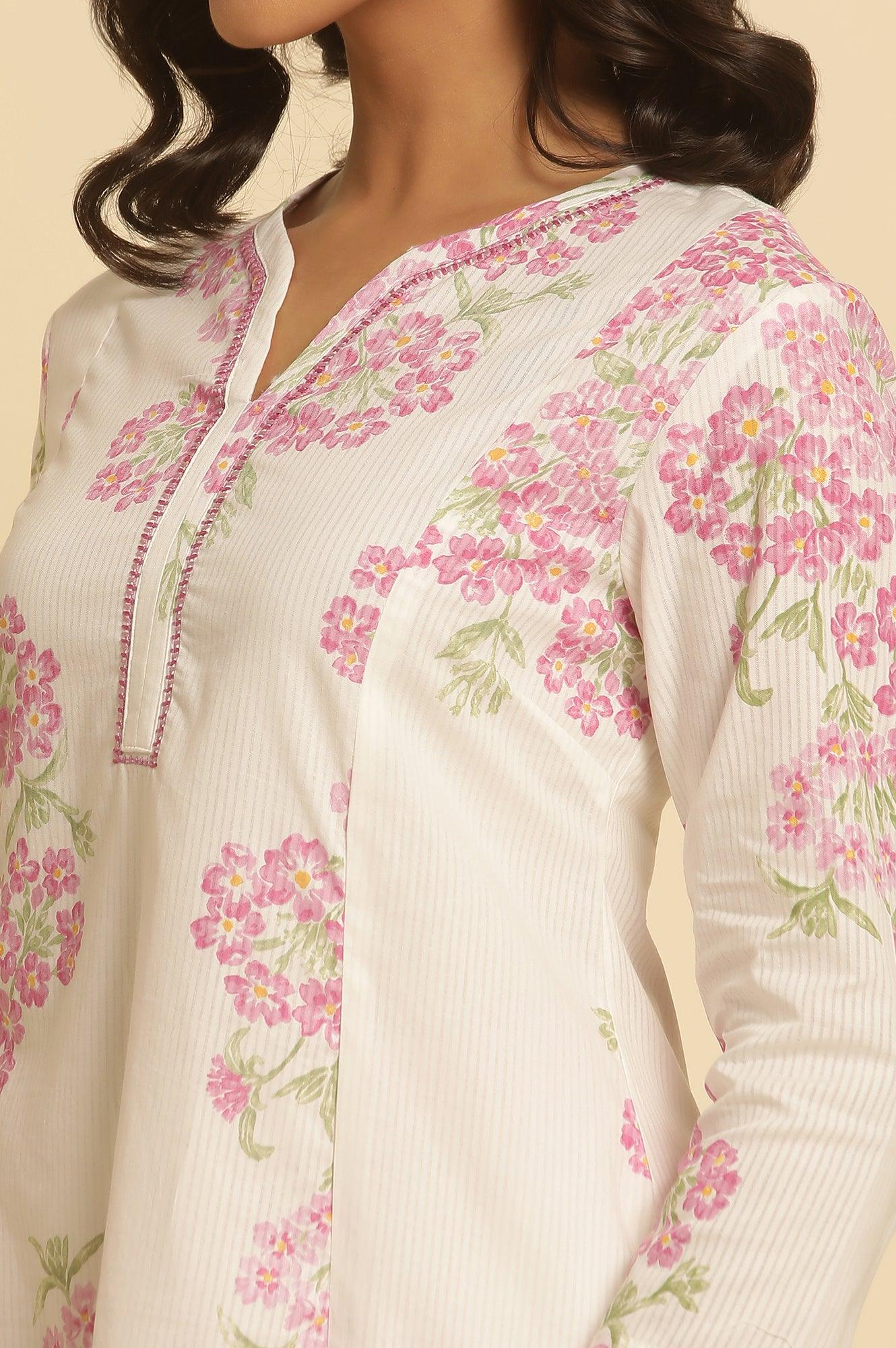 White Flared Floral Printed Kurta And Pants Set - wforwoman