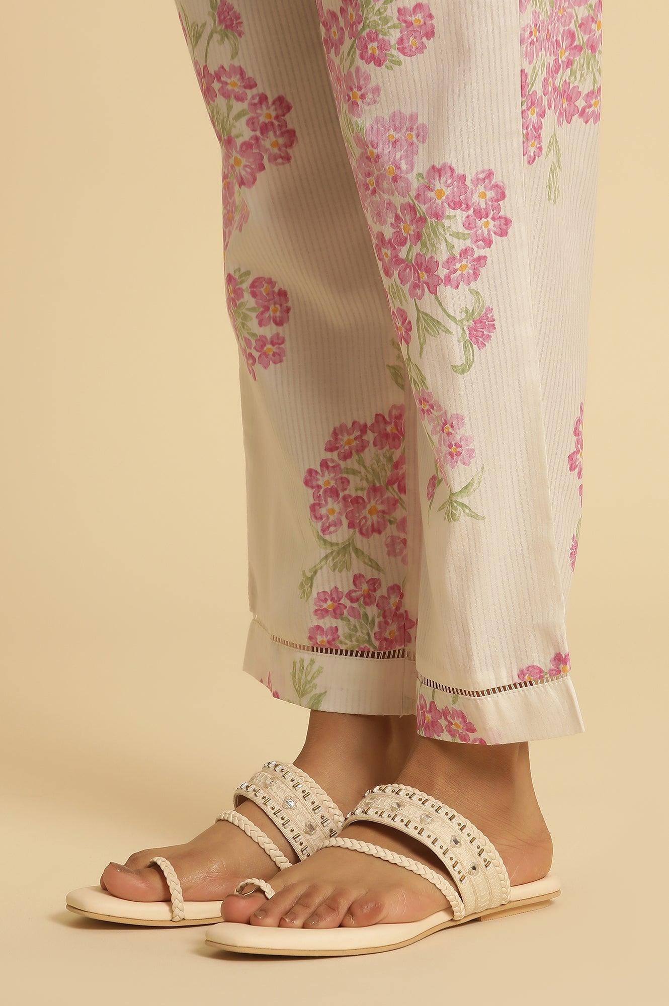White Flared Floral Printed Kurta And Pants Set - wforwoman