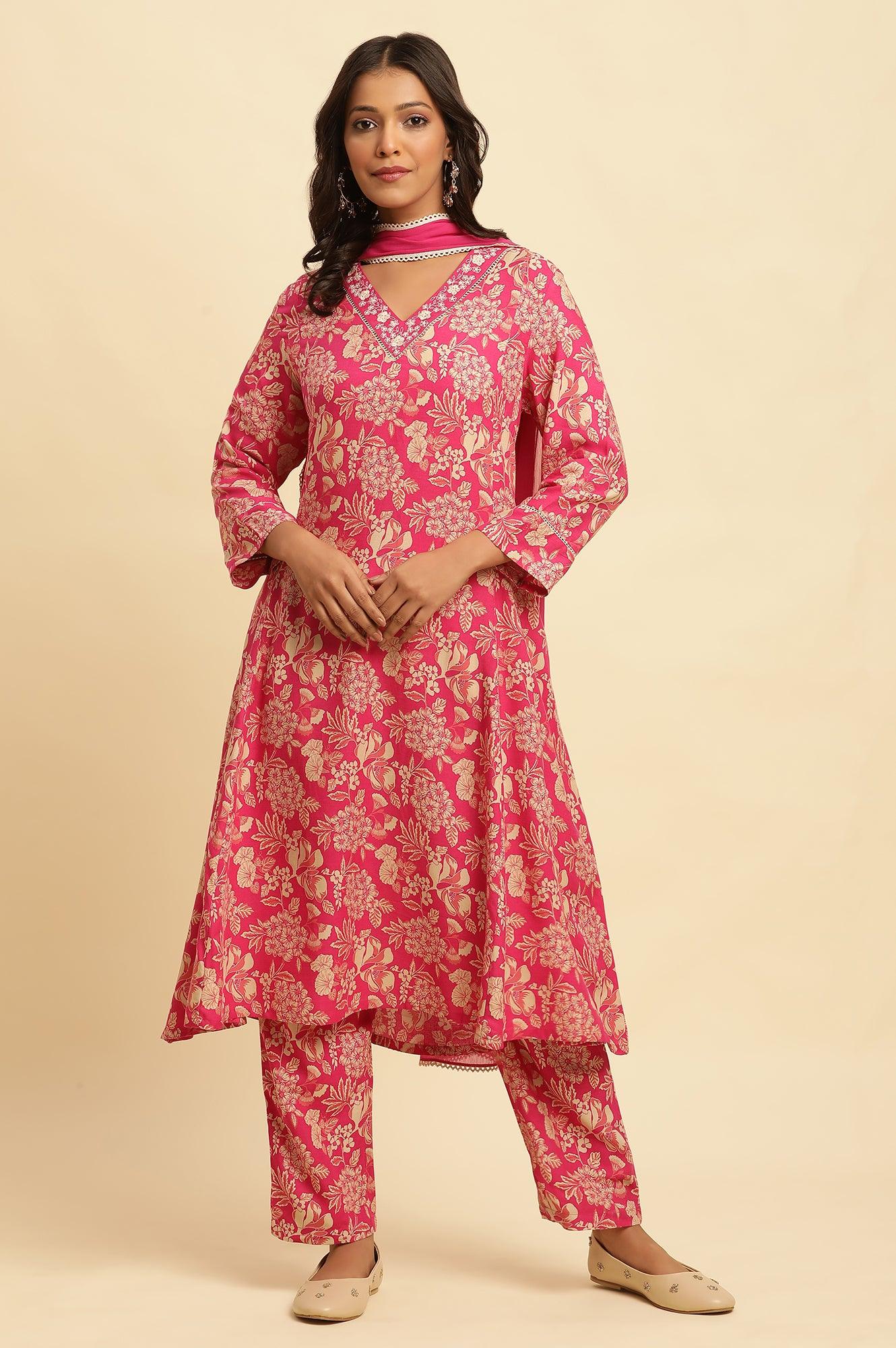 Pink Floral Printed A-Line Kurta, Pants And Dupatta Set - wforwoman