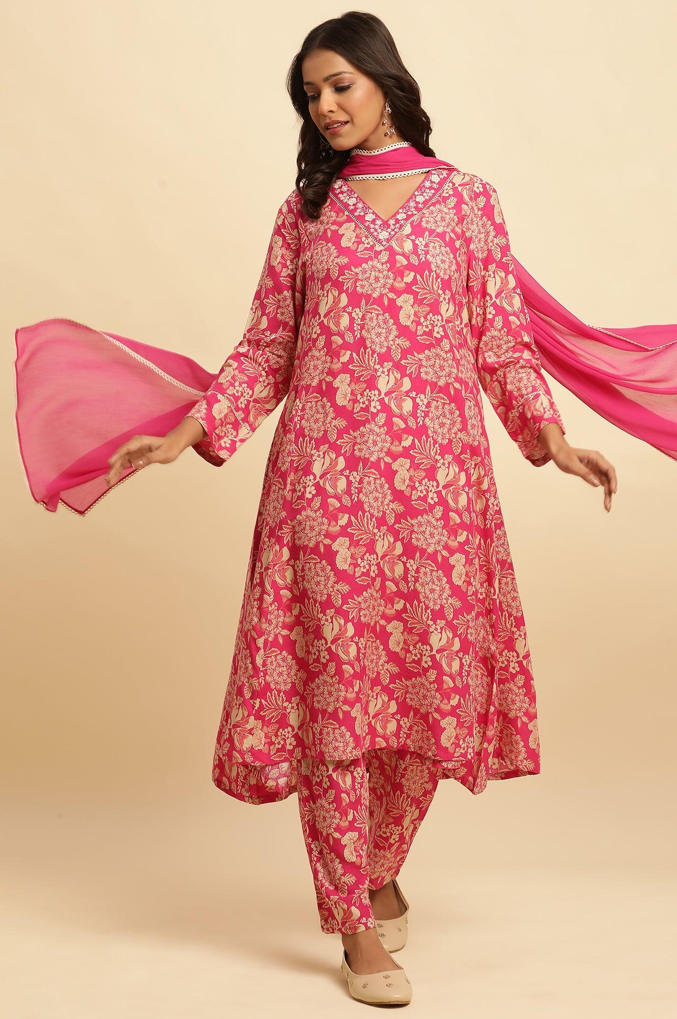 Pink Floral Printed A-Line Kurta, Pants And Dupatta Set - wforwoman
