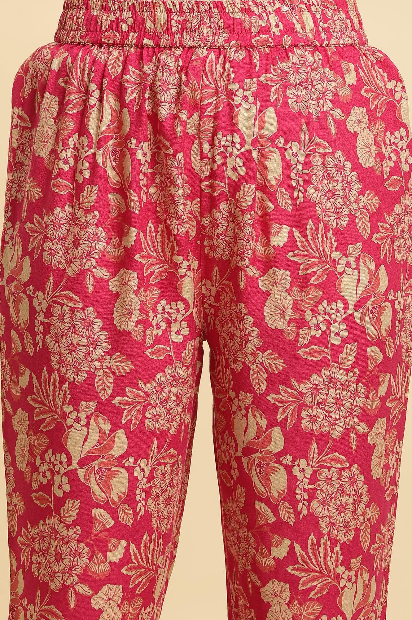 Pink Floral Printed A-Line Kurta, Pants And Dupatta Set - wforwoman