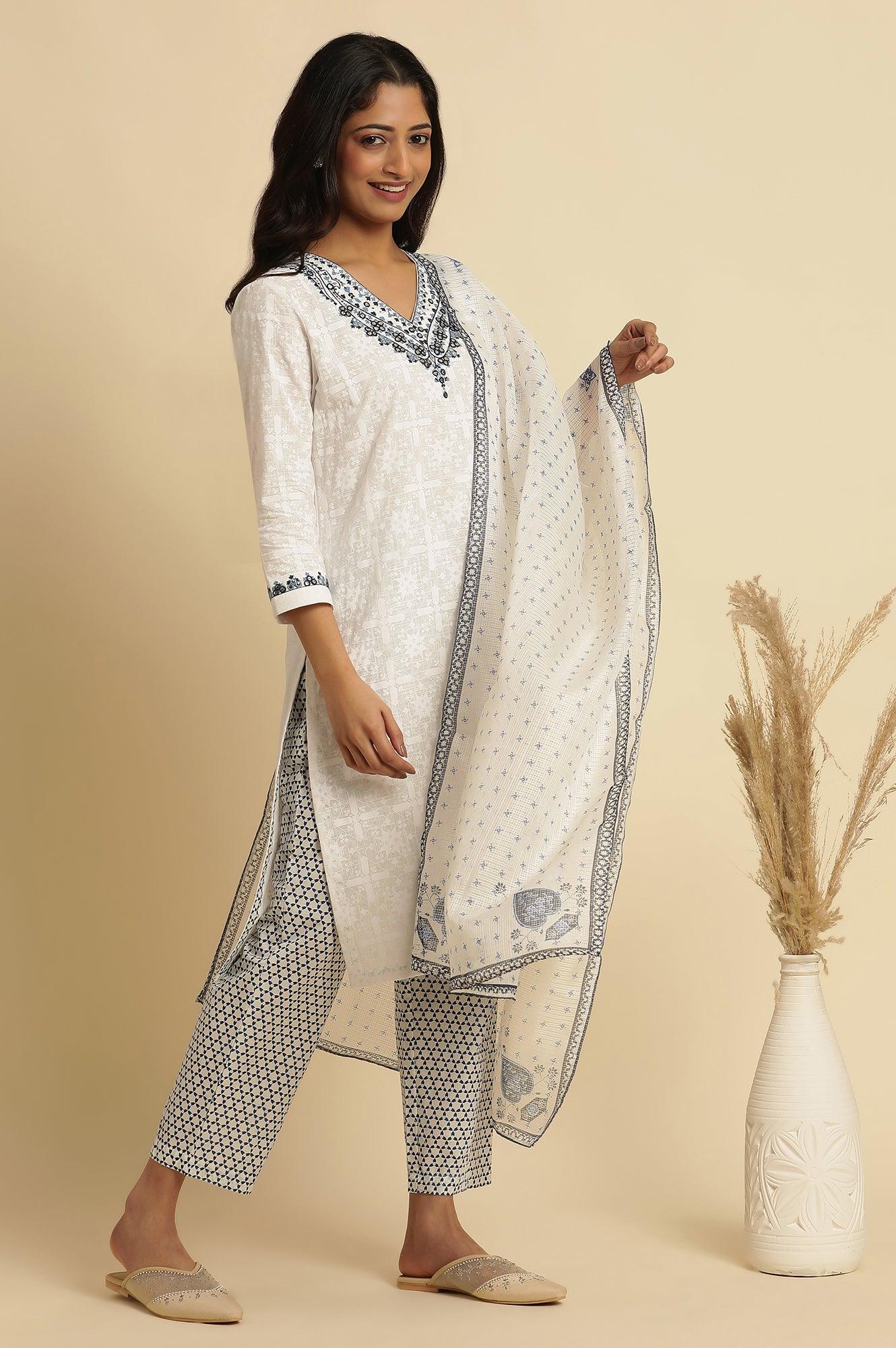 White Khadi Printed Cotton Kurta, Pants And Dupatta Set - wforwoman