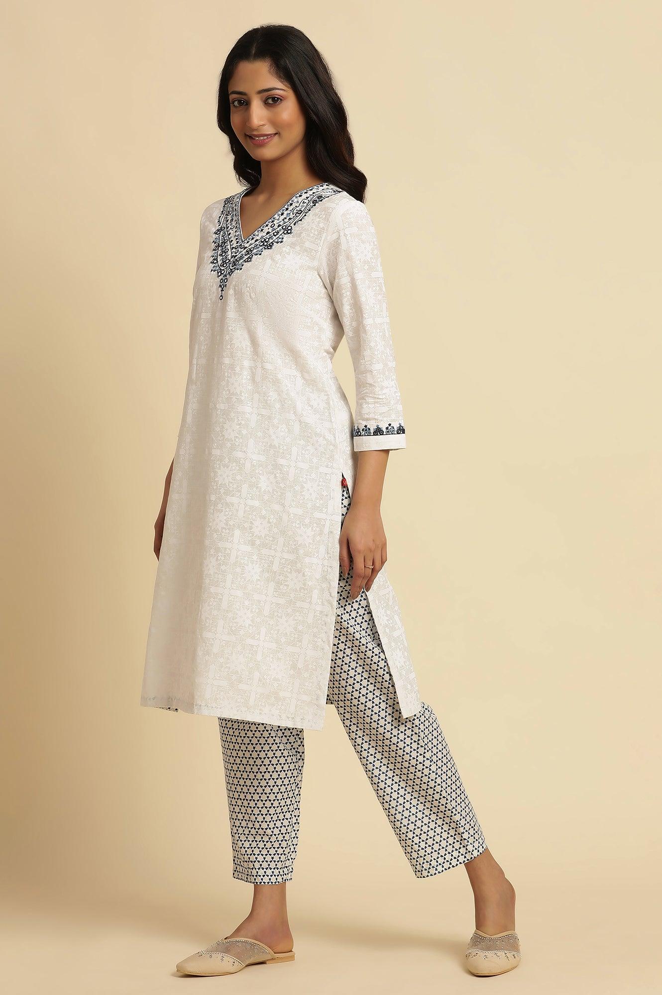 White Khadi Printed Cotton Kurta, Pants And Dupatta Set - wforwoman