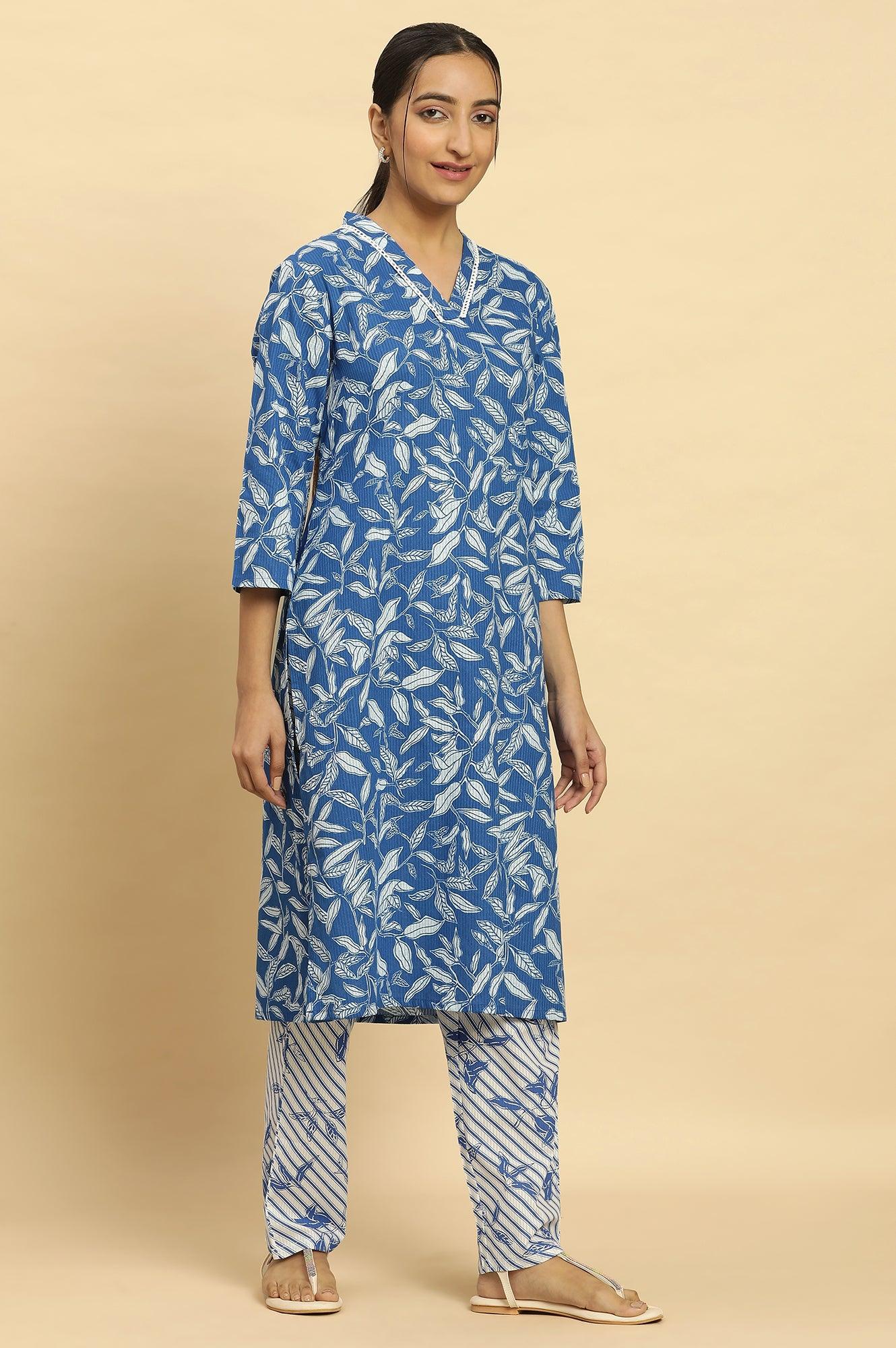 Blue Leaf Printed Straight Kurta And Pants Set - wforwoman
