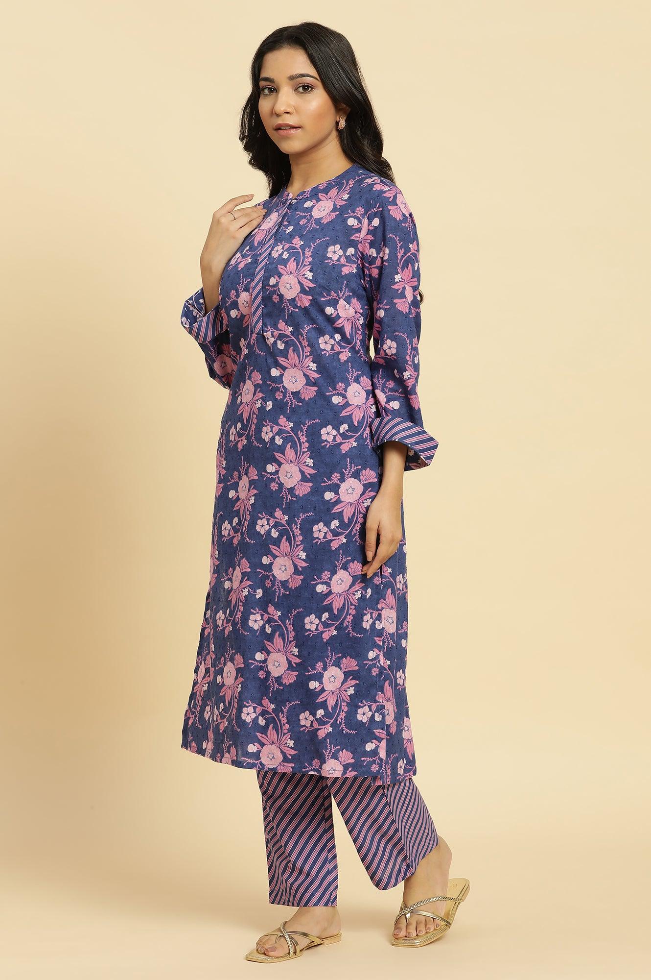 Navy Blue Floral Printed Kurta And Stripe Pants Set - wforwoman