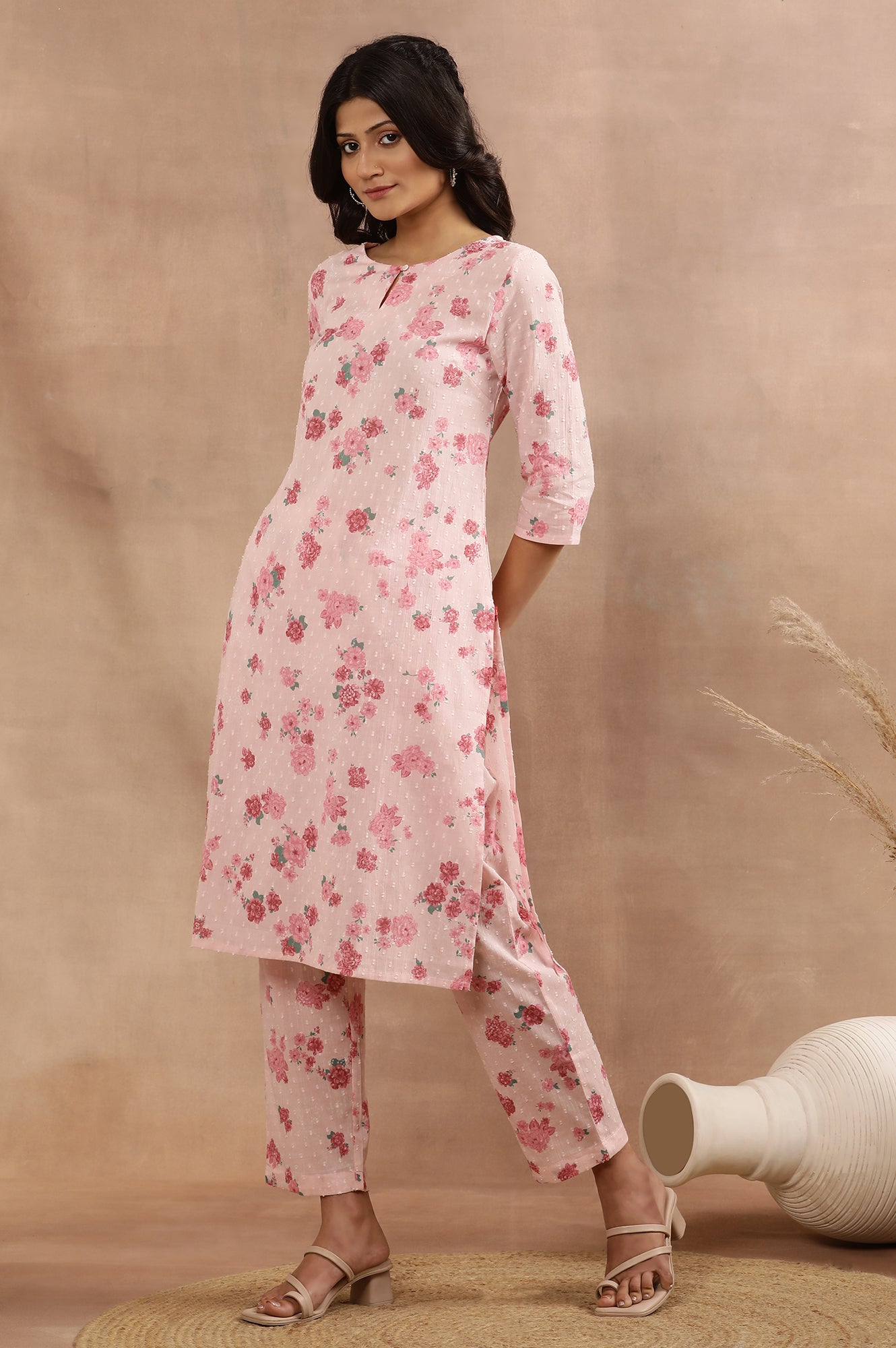 Pink Floral Printed Swiss Dot Kurta, Pants And Dupatta Set