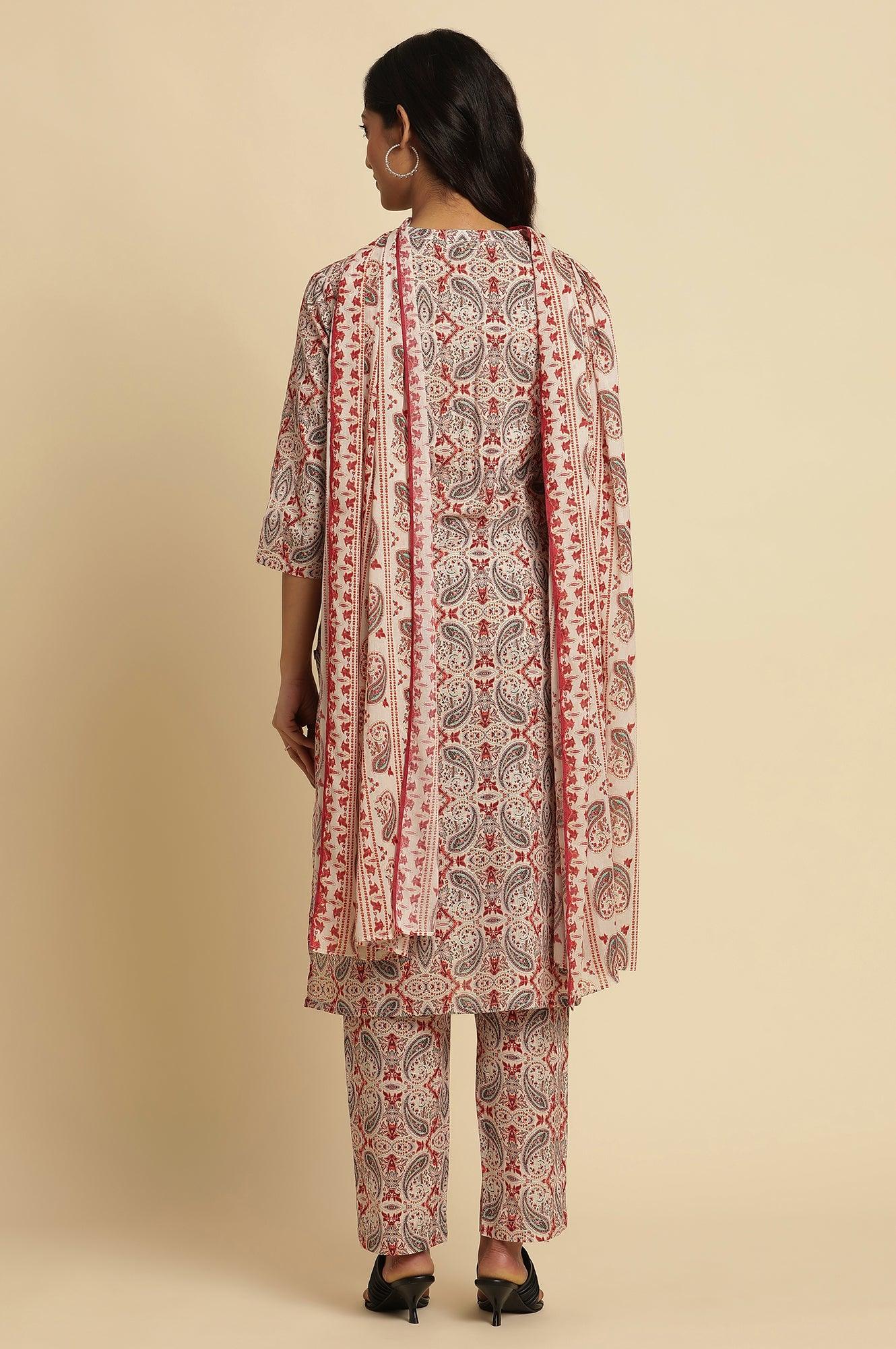 White Paisely Printed Kurta, Pants And Dupatta Set - wforwoman