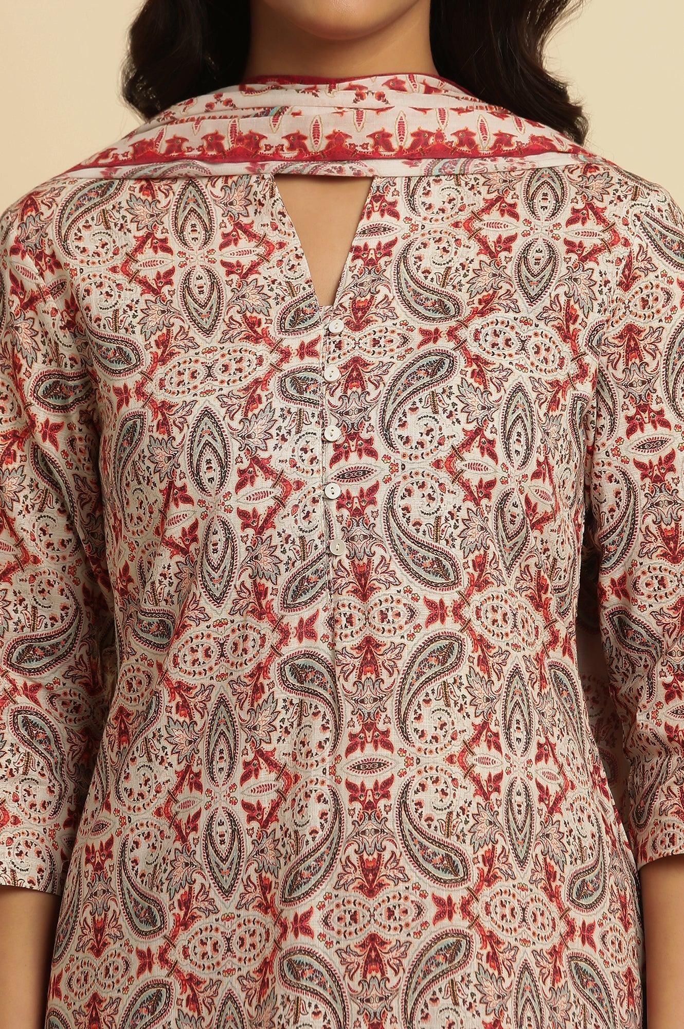 White Paisely Printed Kurta, Pants And Dupatta Set - wforwoman