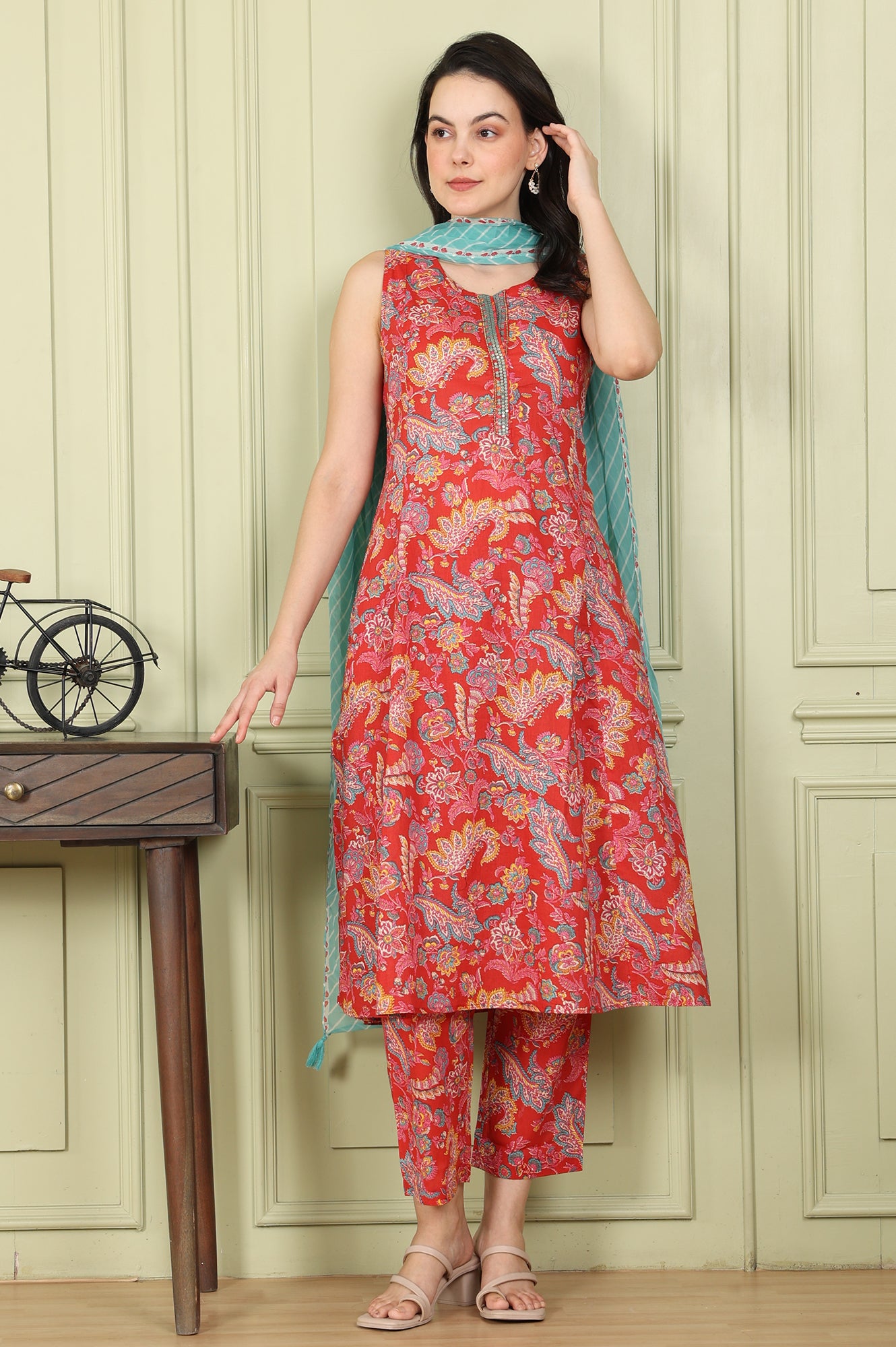 Red Floral Printed Sequined Pure Cotton A-Line Kurta, Straight Pants And Teal Printed Dupatta - wforwoman