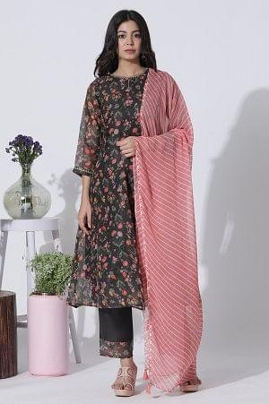 Dark Brown Panelled Printed Kota Kurta, Pants And Dupatta Set - wforwoman