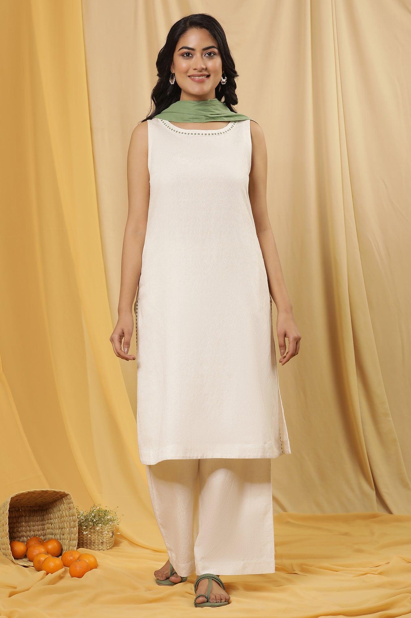 White Minimal Embroidered Kurta, Pants And Dupatta Set