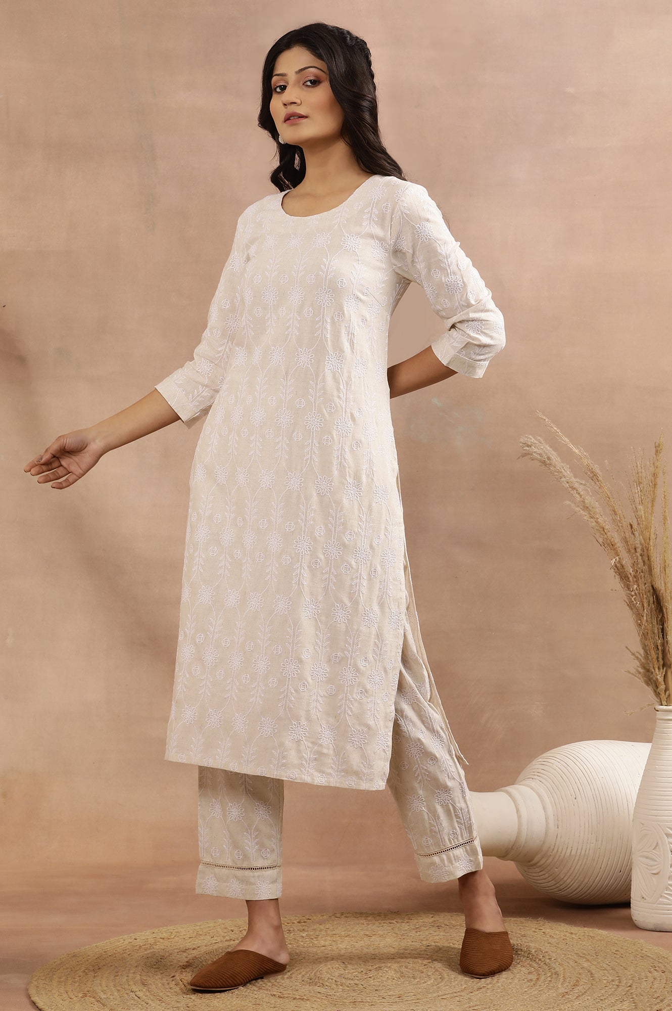 Beige Floral Embroidered Cotton Kurta And Pants Set - wforwoman