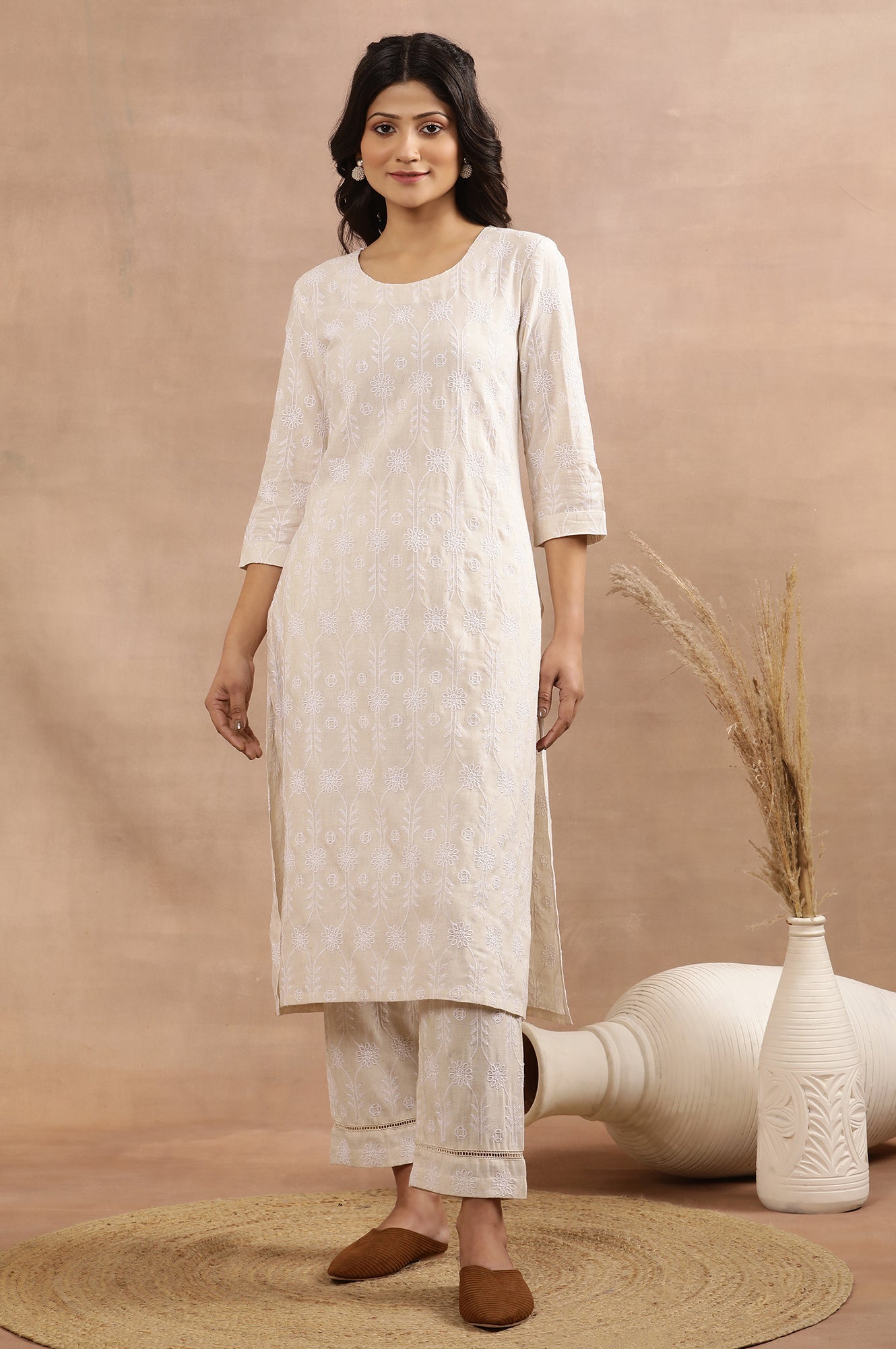 Beige Floral Embroidered Cotton Kurta And Pants Set - wforwoman