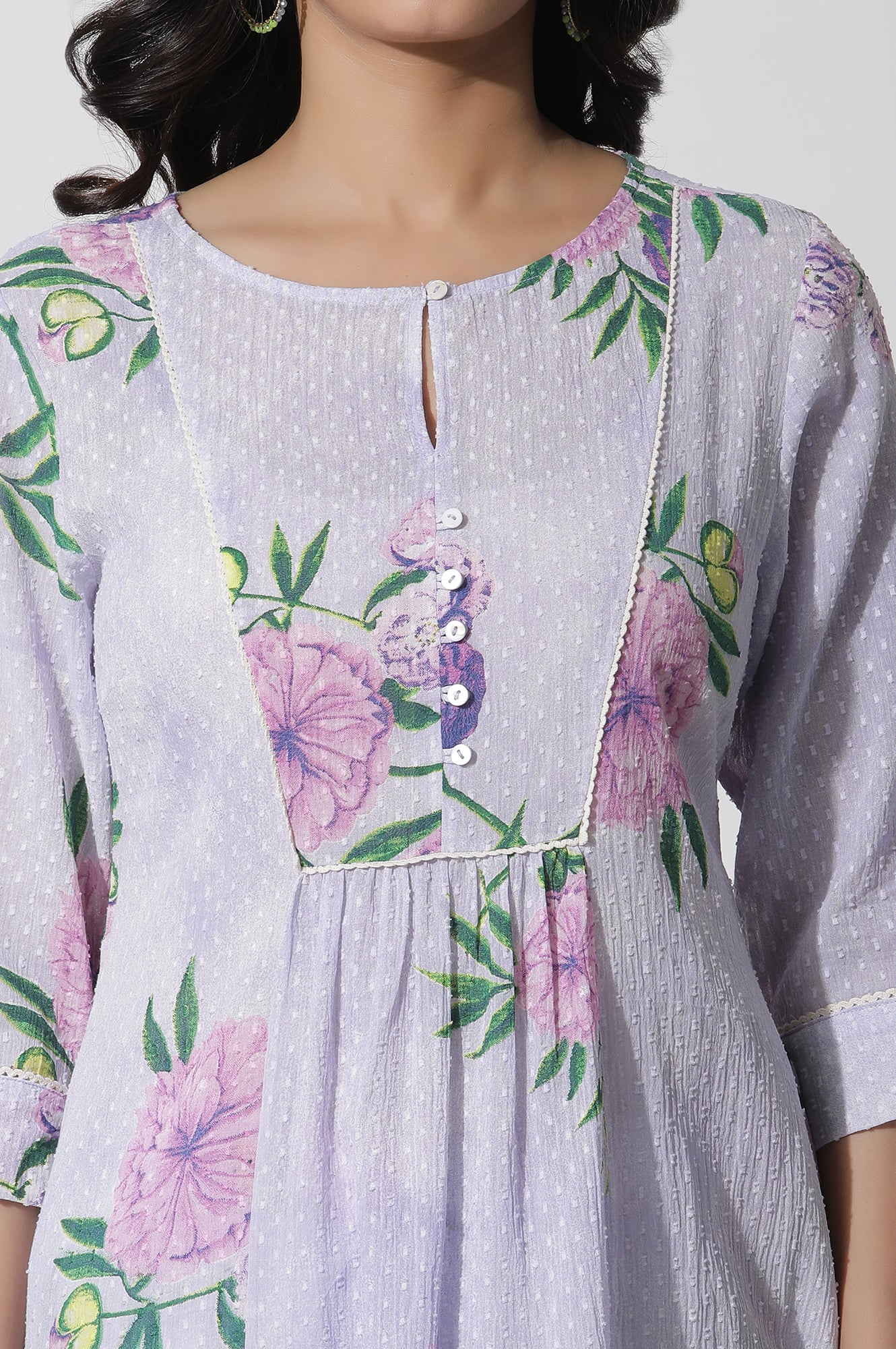 Purple Floral Printed Gathered Kurta And Pants Set