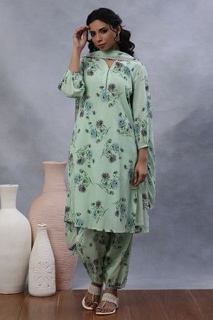 Green Floral Printed A-Line Kurta, Gathered Pants And Dupatta Set