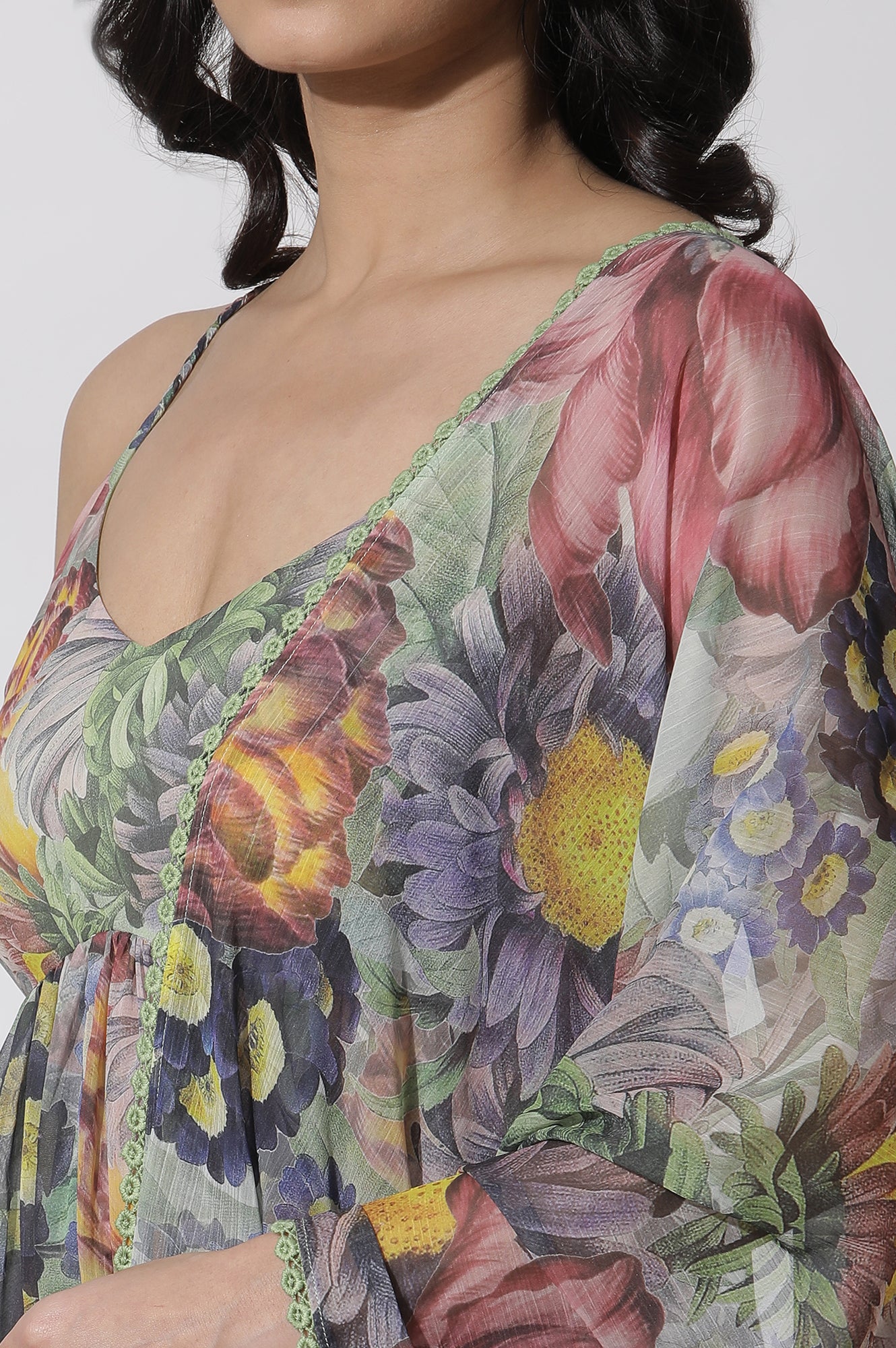 Multi-Coloured Floral Printed Gathered Kurta, Pants And Dupatta Set