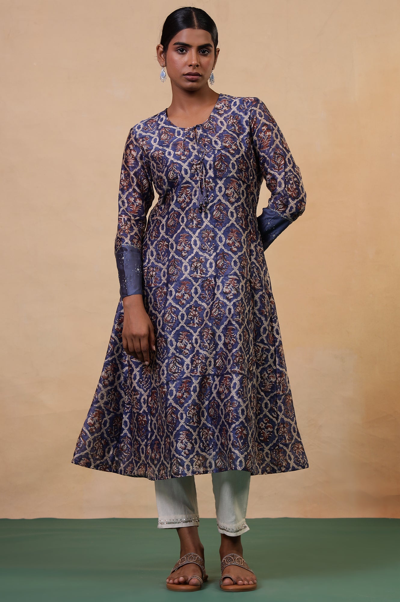 Folksong Classic Blue Cotton-Silk Flared Floral Beaded Anarkali Kurta