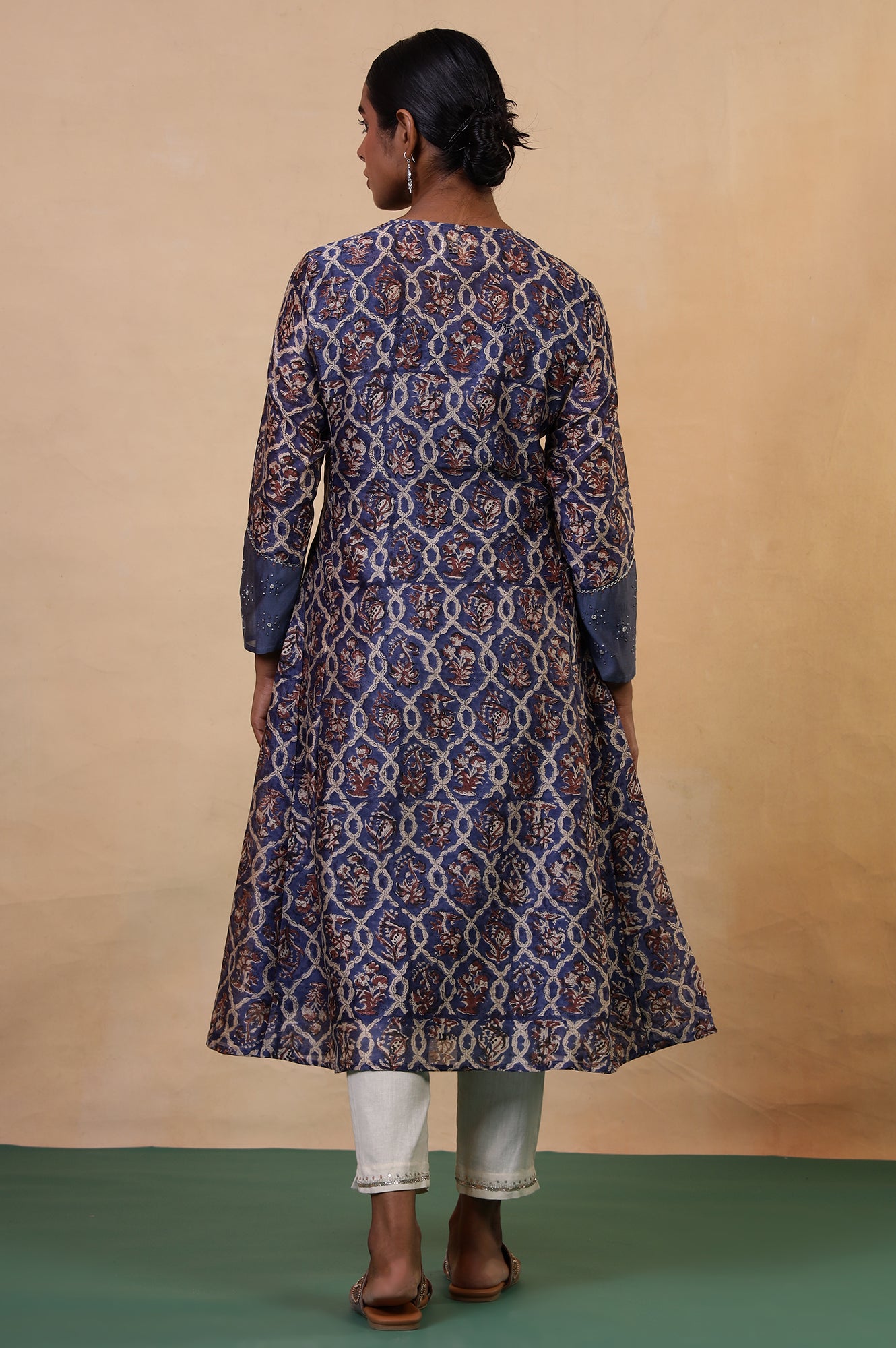 Folksong Classic Blue Cotton-Silk Flared Floral Beaded Anarkali Kurta