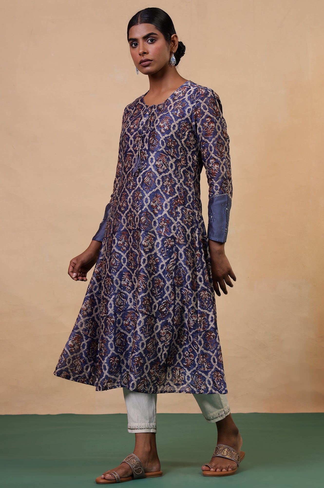 Folksong Classic Blue Cotton-Silk Flared Floral Beaded Anarkali Kurta