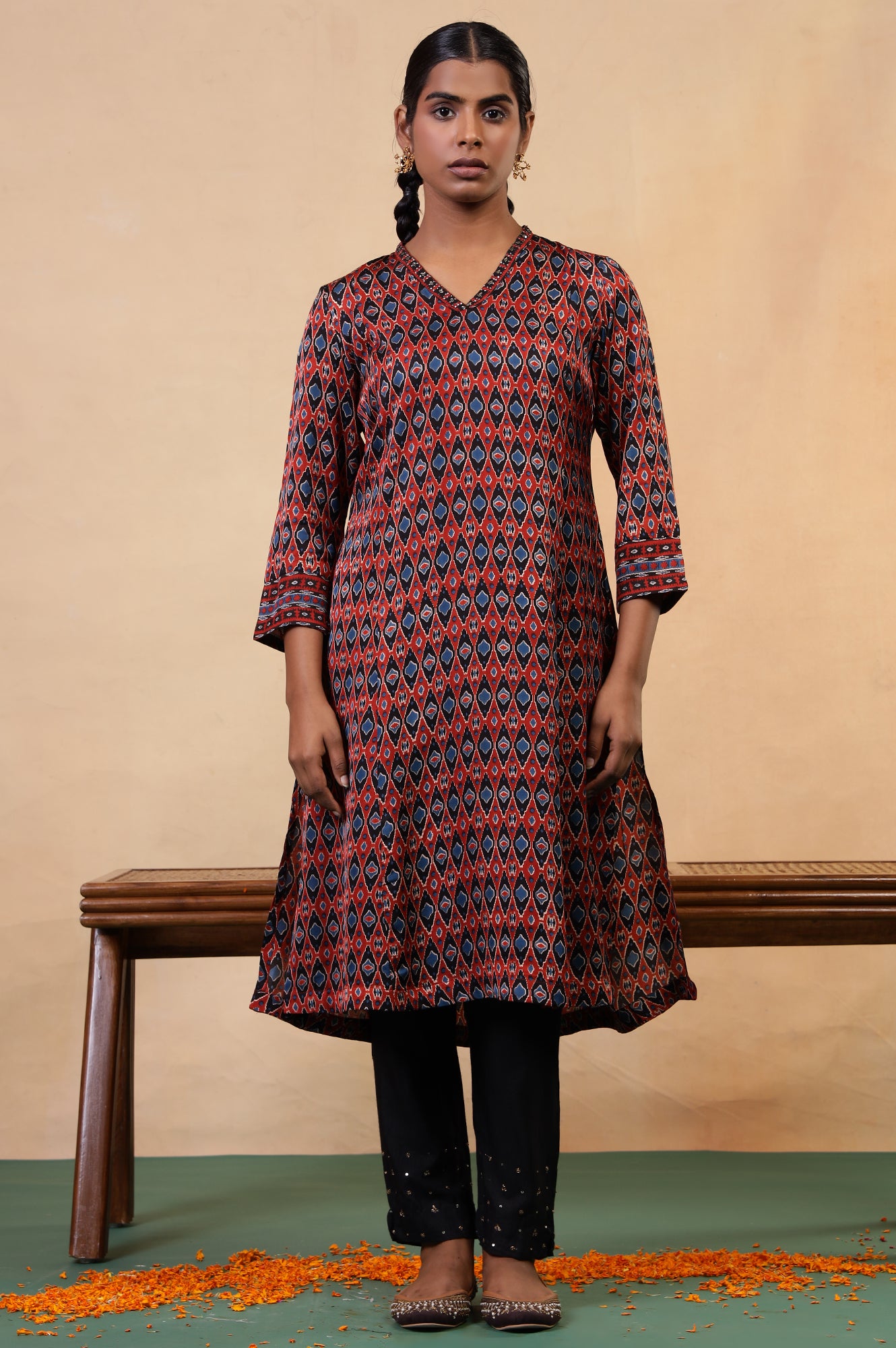 Folksong Red Clay Aztec Sequin Embellished Viscose A-Line Ajrakh Kurta